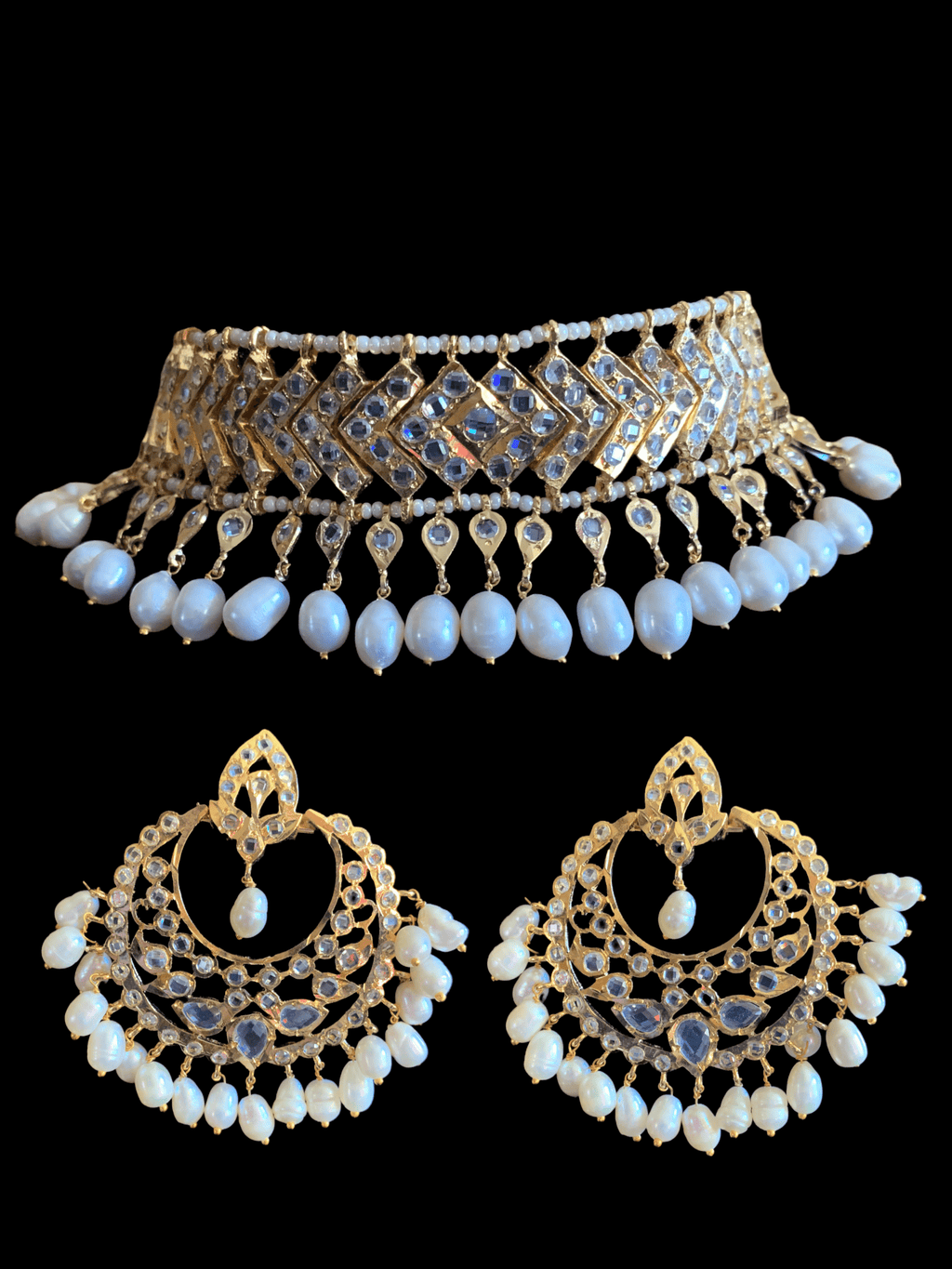 C86 MAHIRA v set in fresh water pearls  (SHIPS IN 1 WEEK )