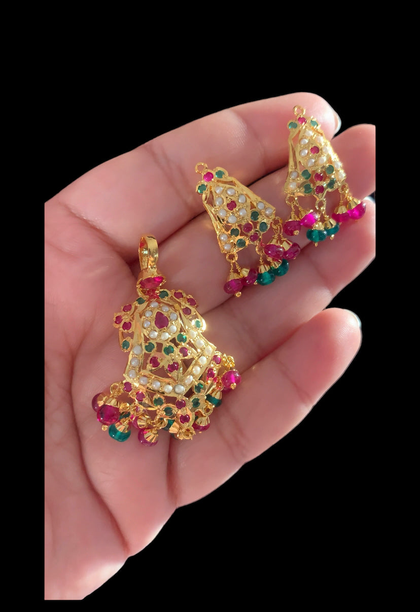 Gold plated silver pendant set in ruby emerald ( SHIPS IN 4 WEEKS  )