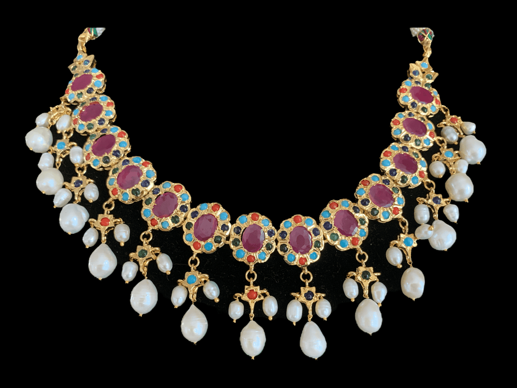 Pranila navratan hyderabadi necklace set  in fresh water pearls ( SHIPS IN 4  WEEKS )