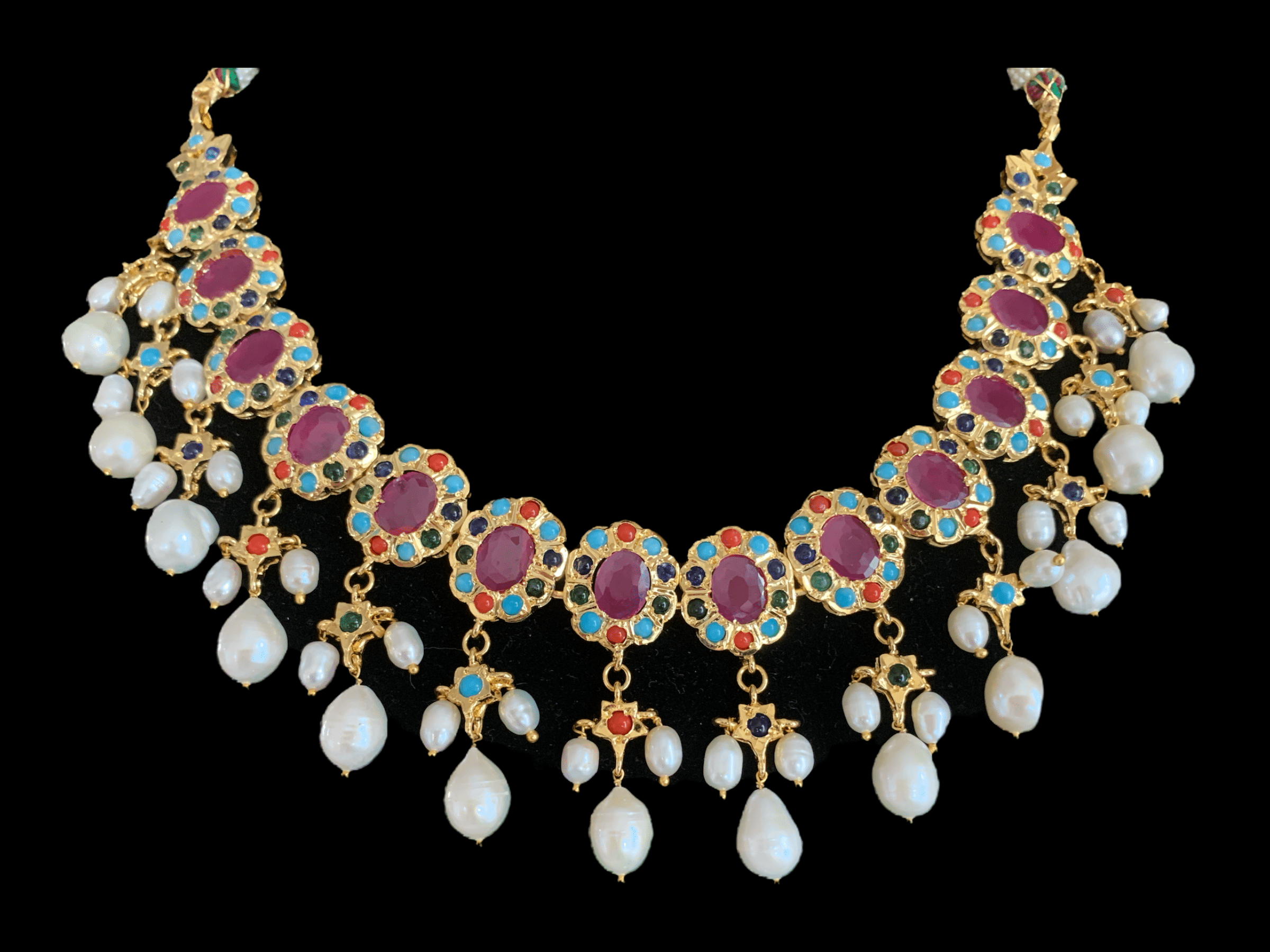 Pranila navratan hyderabadi necklace set  in fresh water pearls ( SHIPS IN 4  WEEKS )