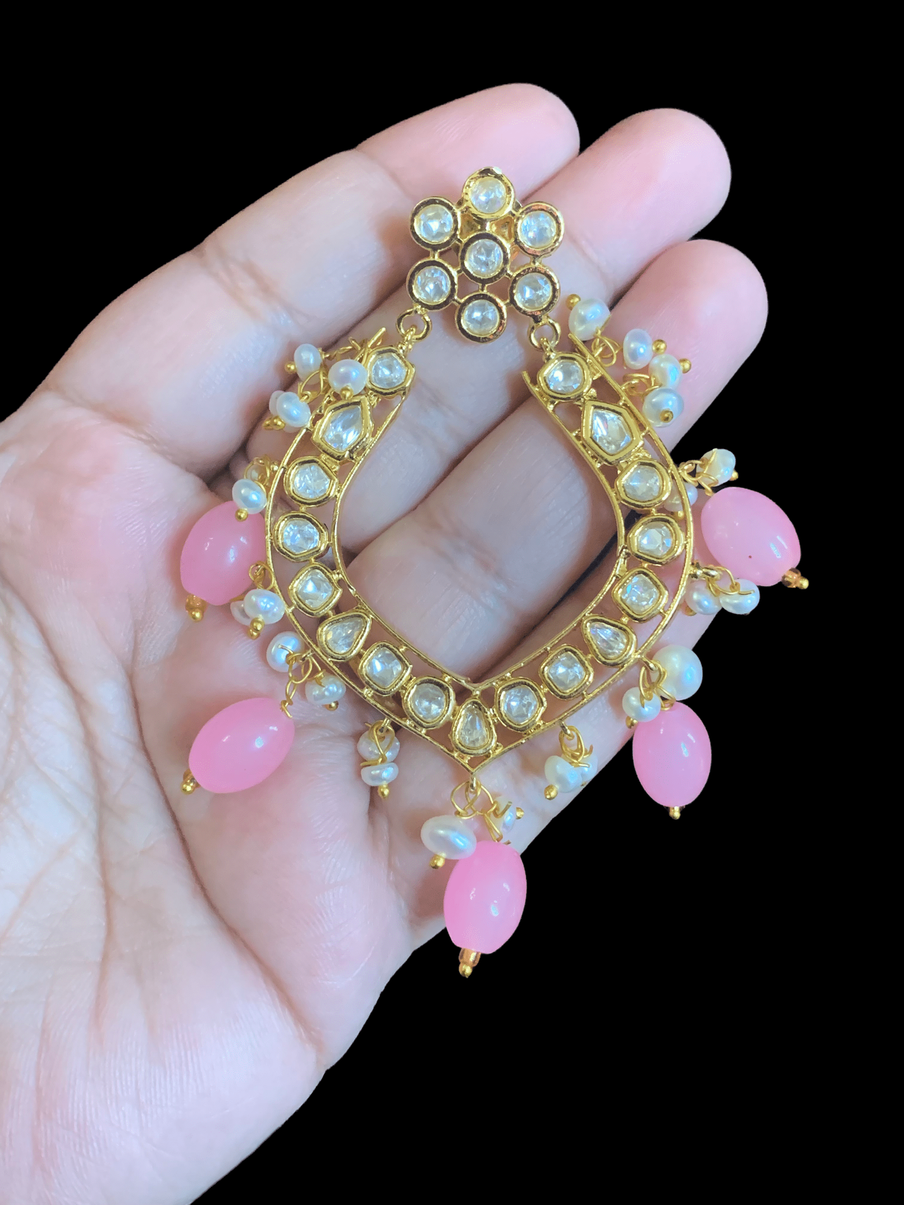 DER107 Elara polki earrings in fresh water pearls- pink ( READY TO SHIP )