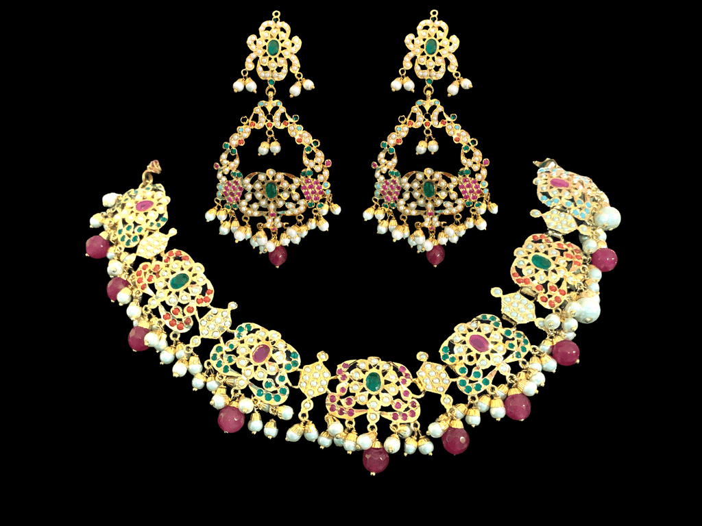 NS77 Niyati necklace set in Navratan with pearls ( READY TO SHIP )