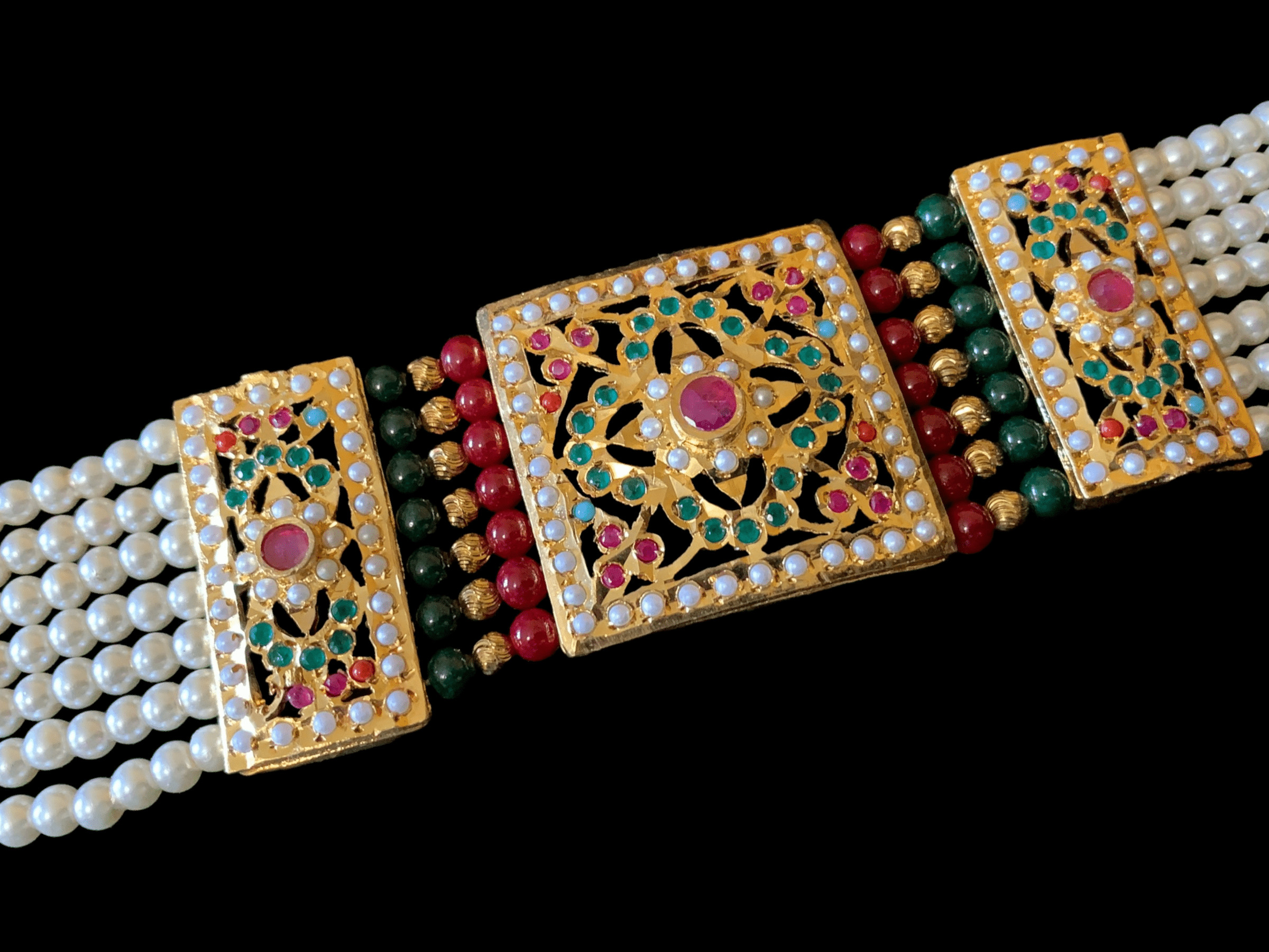 B67 Saira jadau bracelet in navratan with ruby green beads     ( READY TO SHIP )