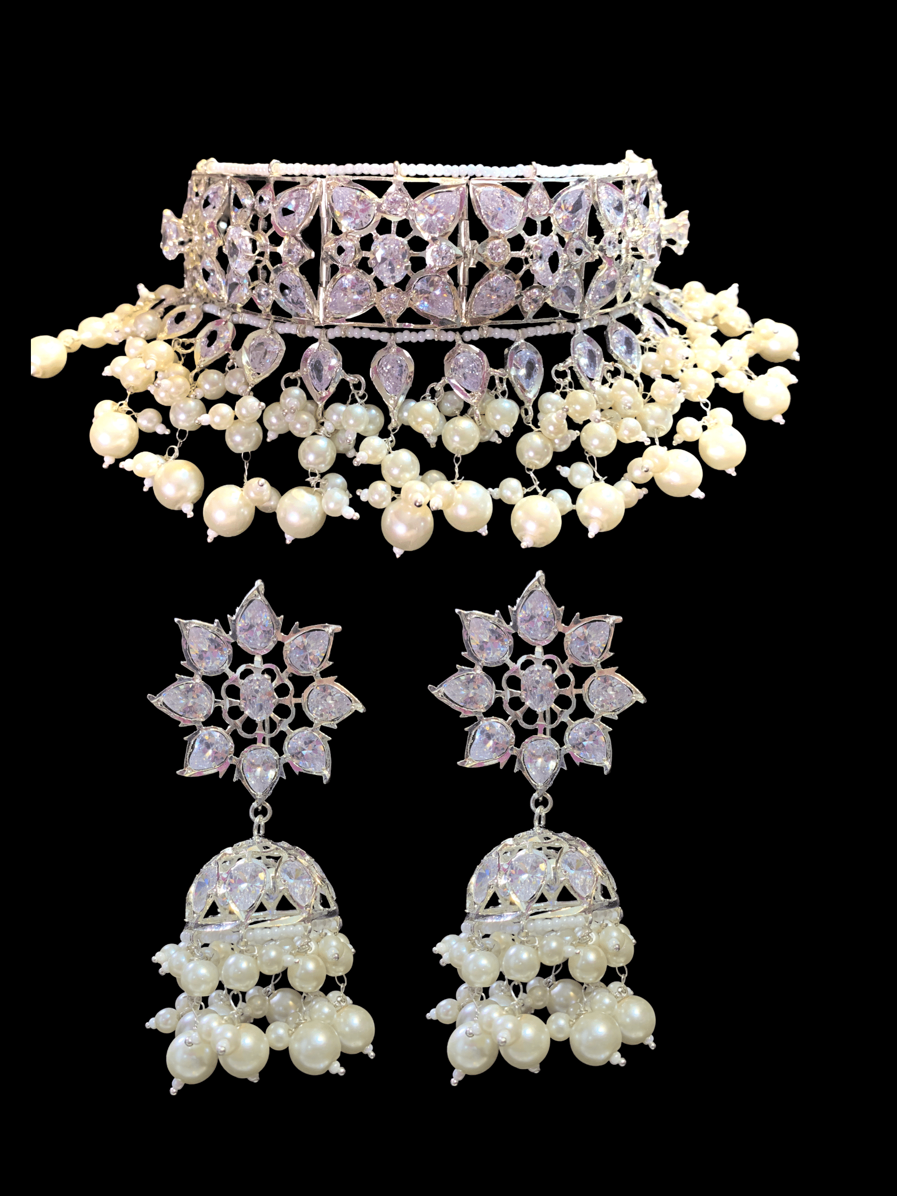 C175 Sonam jadavi lacha choker and jhumka  in silver plating  ( SHIPS IN 4 WEEKS )