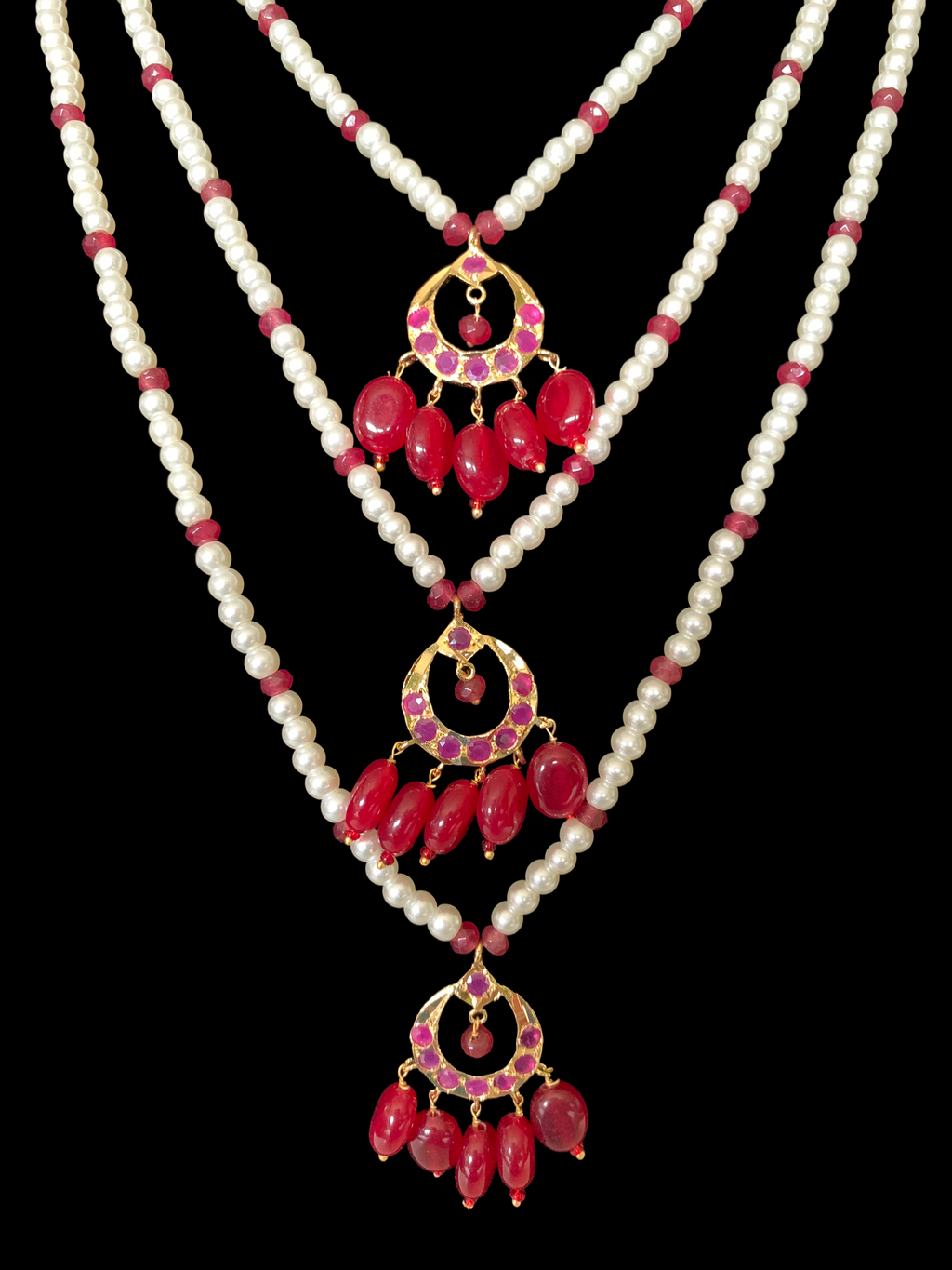 SAT72 Seema three layer  necklace with chandbali- ruby  ( READY TO SHIP )