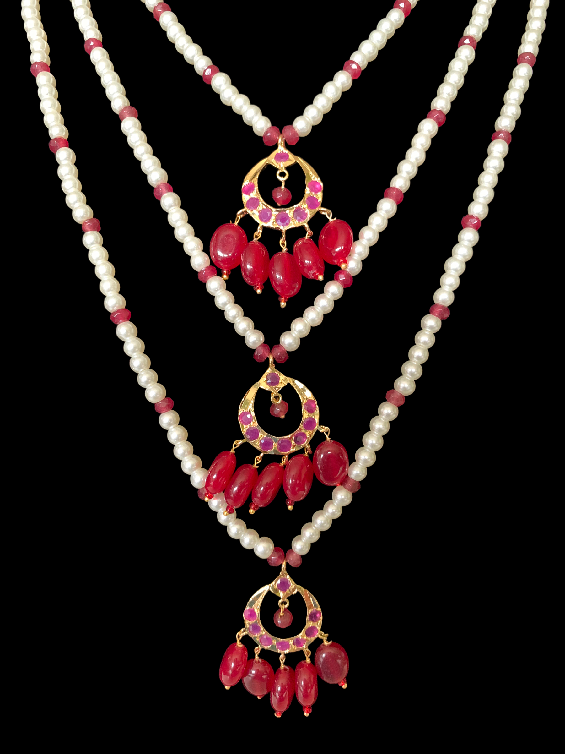 SAT72 Seema three layer  necklace with chandbali- ruby  ( READY TO SHIP )