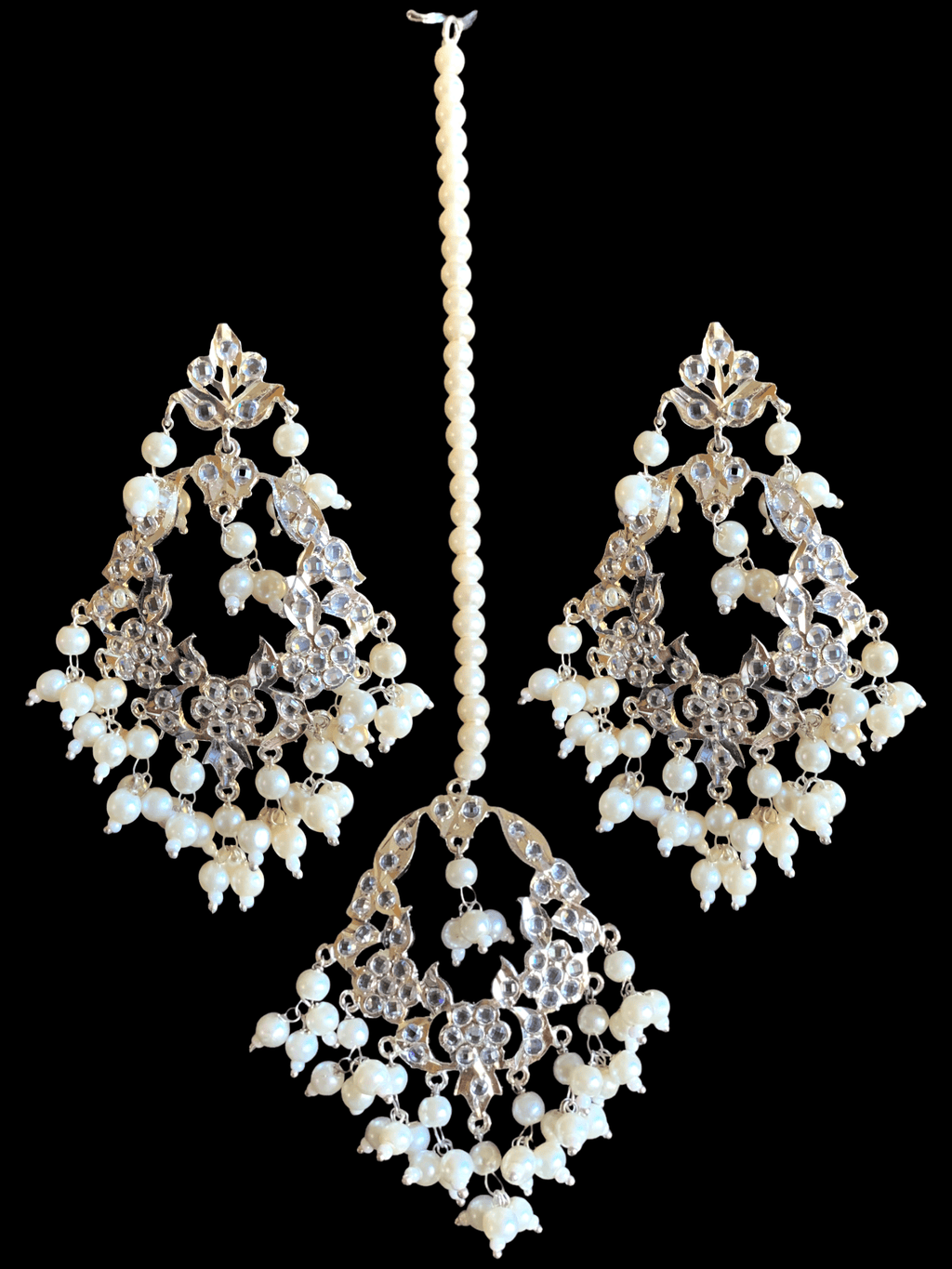 DJET22 Madhuri earrings tika set in silver plating   ( SHIPS IN 4 WEEKS )
