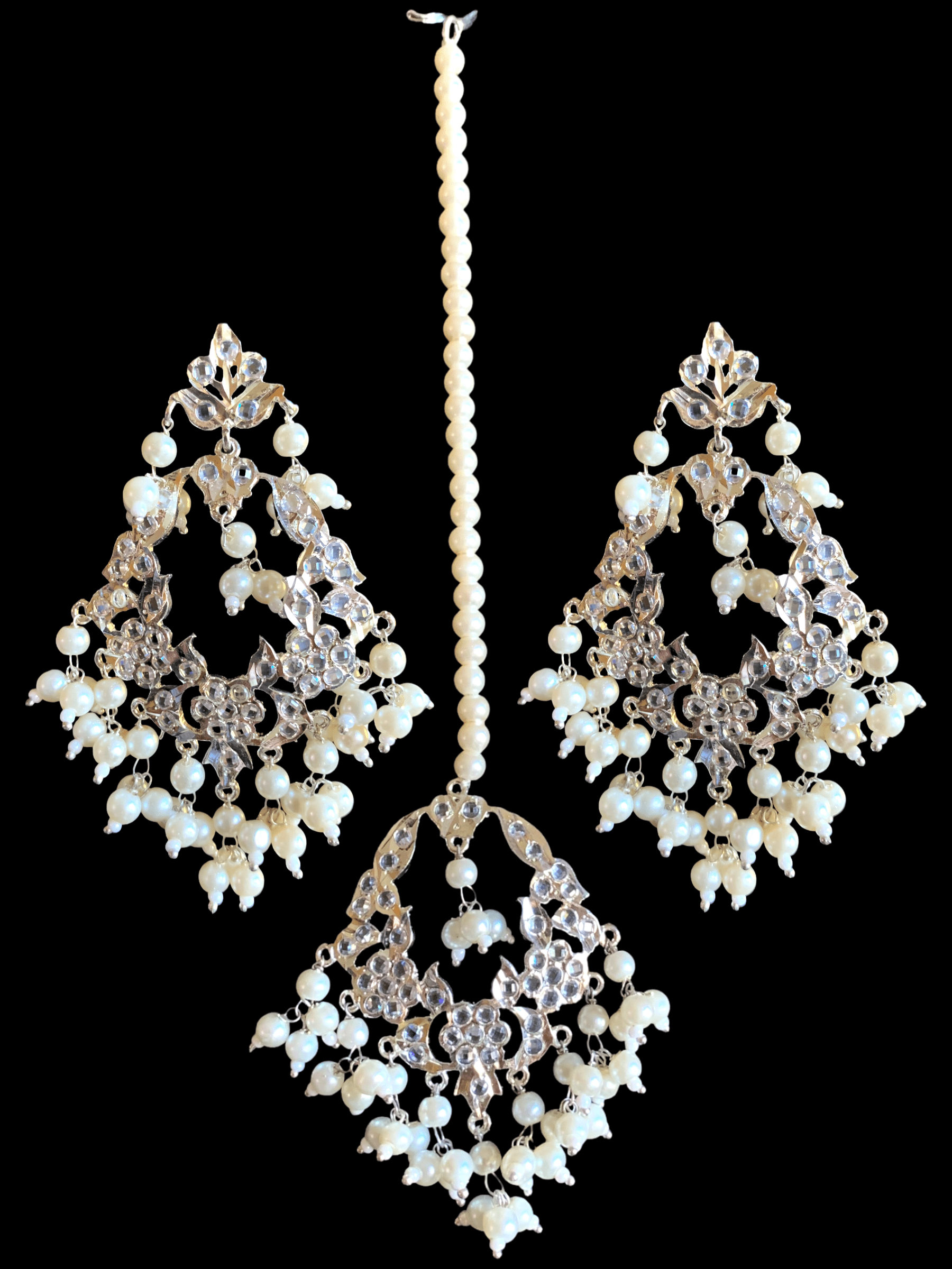 DJET22 Madhuri earrings tika set in silver plating   ( SHIPS IN 4 WEEKS )