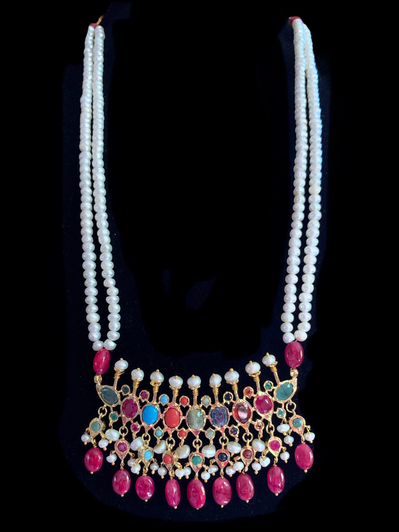 PS510 Navratan Tirmani Necklace with Oversized Jhumka Earrings – Gold-Plated Jewelry with Freshwater Pearls and Real Ruby Beads  ( READY TO SHIP )