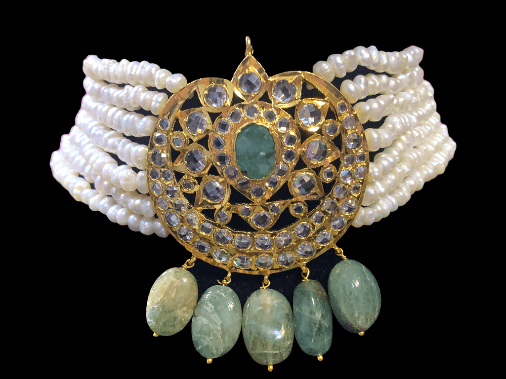 Hyderabadi fresh water pearls with emerald choker in gold plated silver ( SHIPS IN 5 WEEKS )
