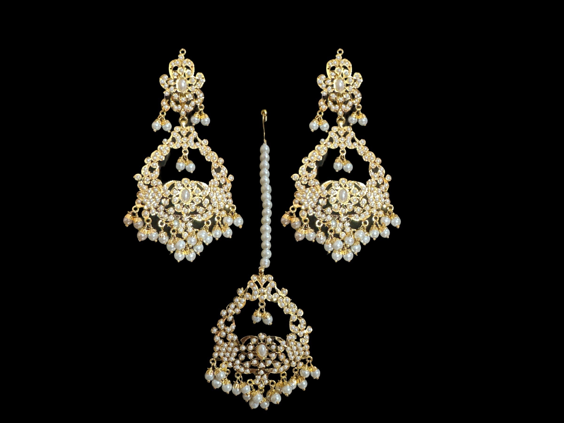 DNS14 Niyati pearl jadau necklace with earrings tika ( READY TO SHIP )