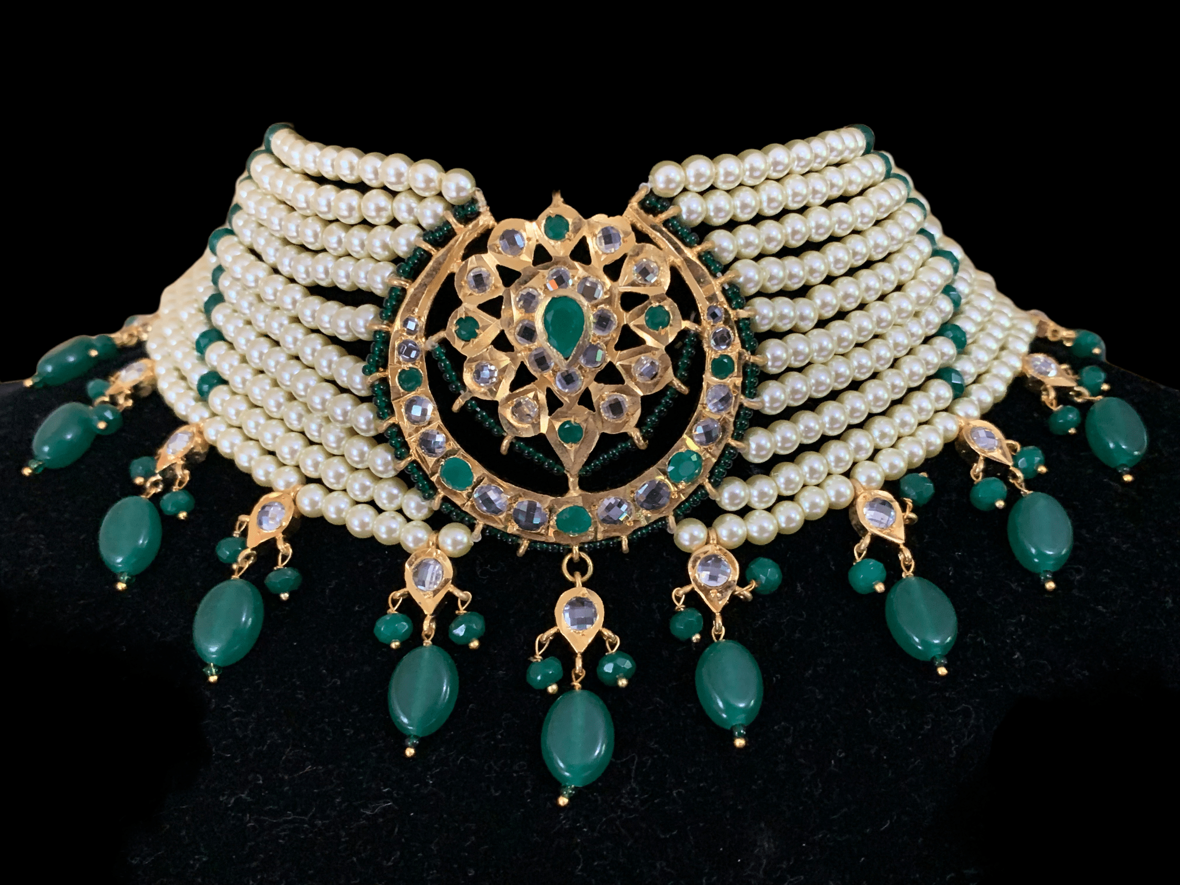 C103 Noor choker set in green with golden pearls (SHIPS IN 3 WEEKS )