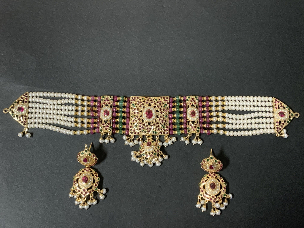 Ruby emerald jadau choker set in gold plated silver ( SHIPS IN 5 WEEKS )