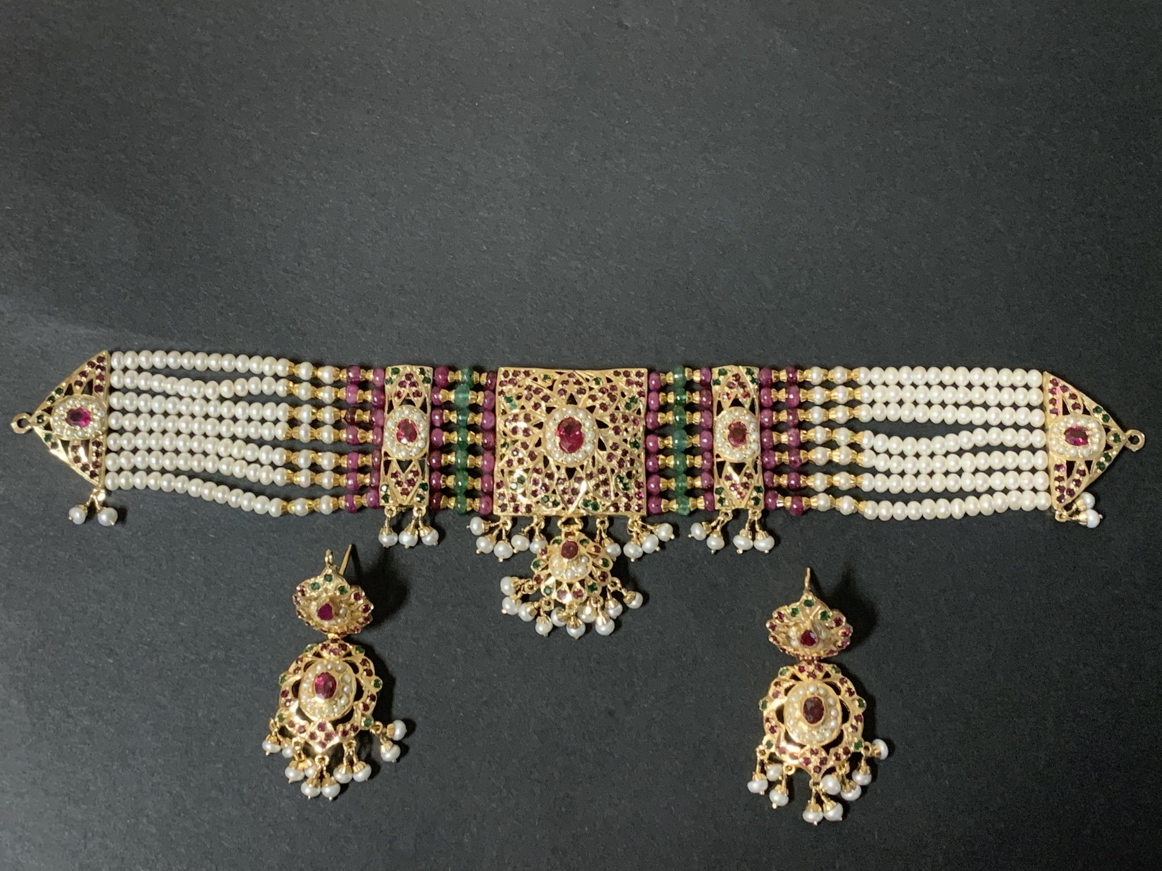 Ruby emerald jadau choker set in gold plated silver ( SHIPS IN 5 WEEKS )