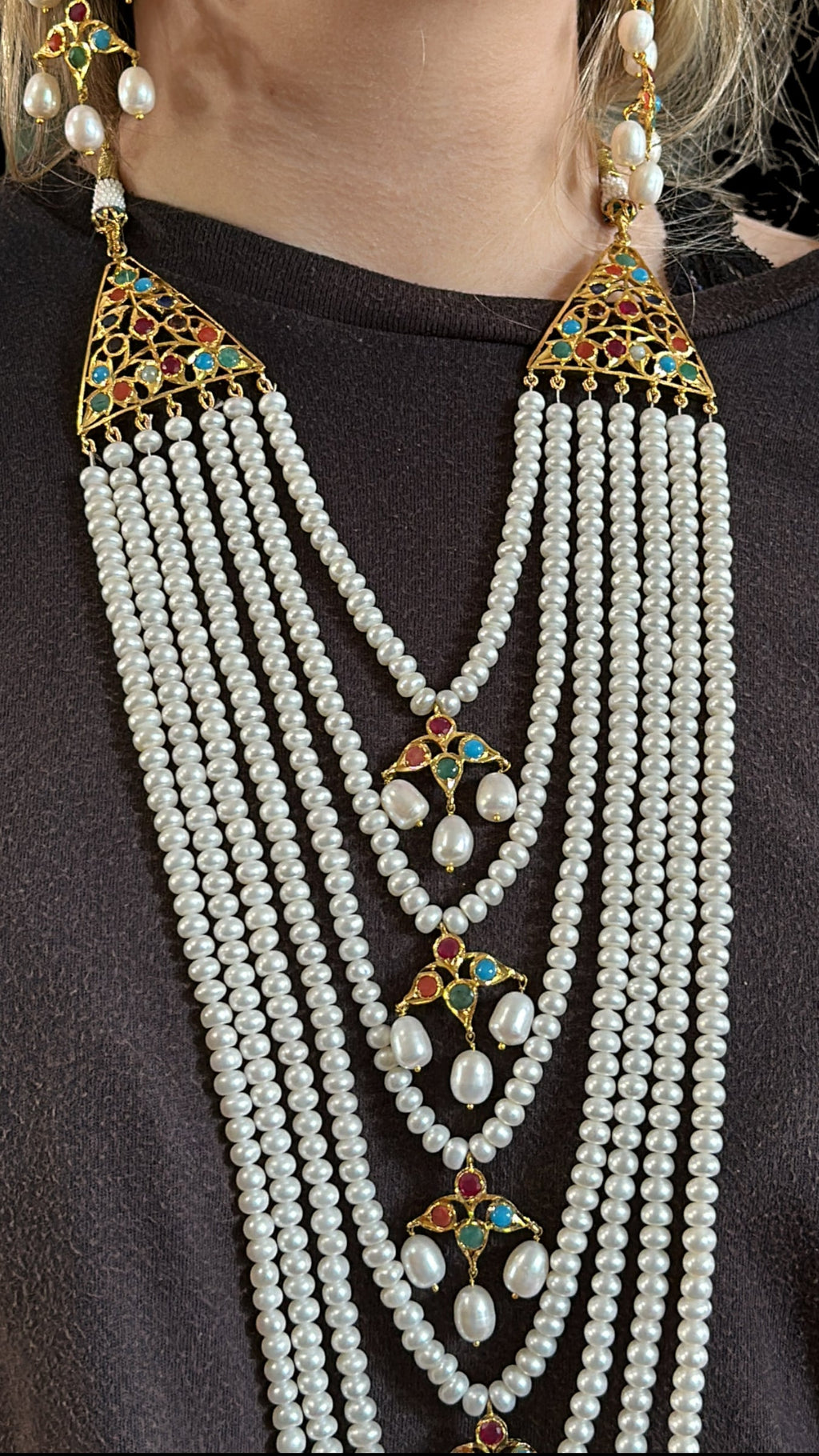 Hyderabadi Navratan satlada in gold plated silver with fresh water pearls (SHIPS IN 5 WEEKS  )