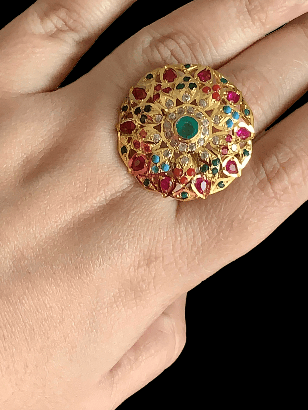 Navratan , multicolor  gold plated silver ring ( SHIPS IN 4 WEEKS )