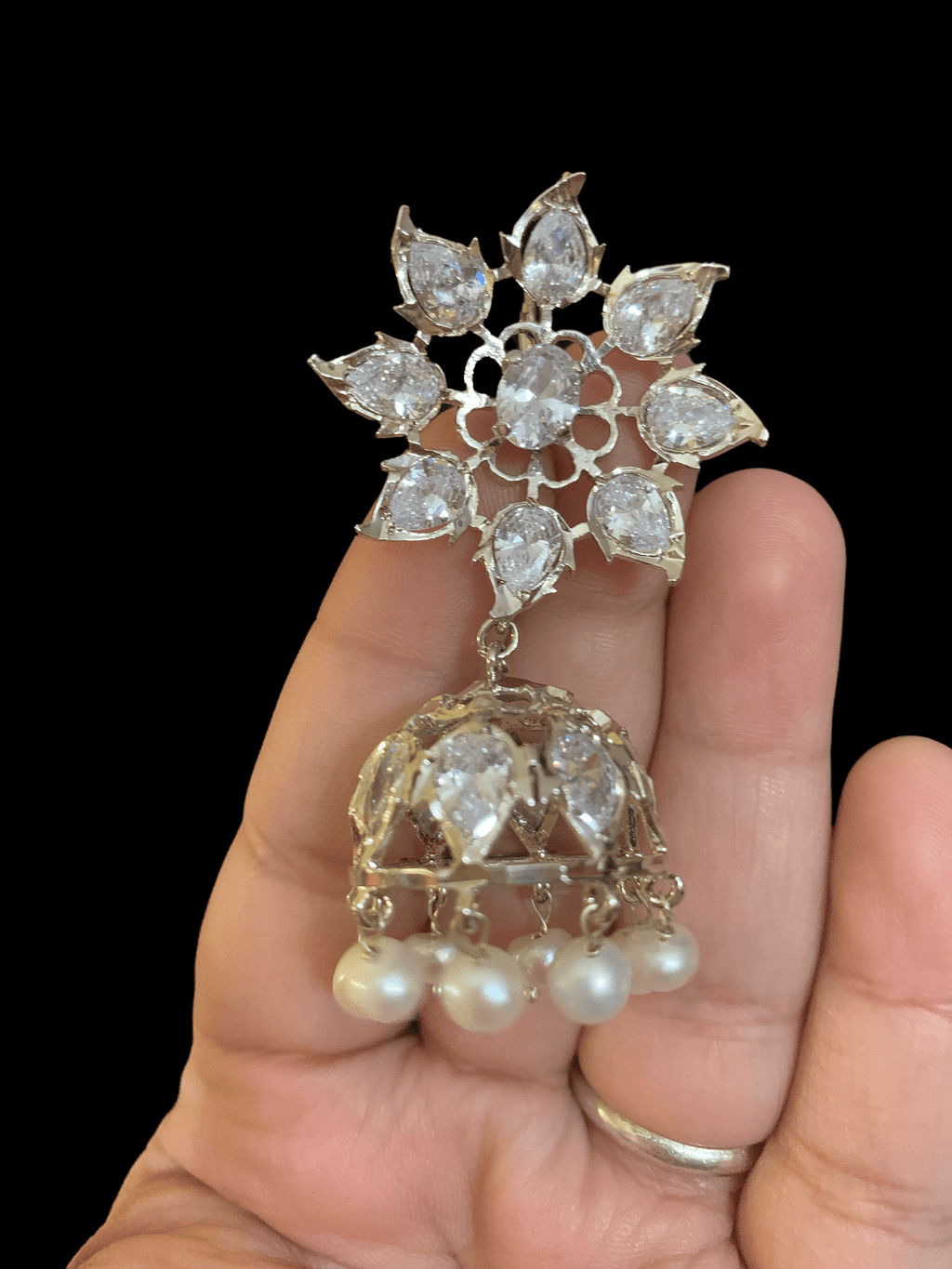 DER607 ✨ Evelyn Silver-Plated Karanphool Jhumka – With Pearls & High-Quality Zircon  ( Ready to Ship )