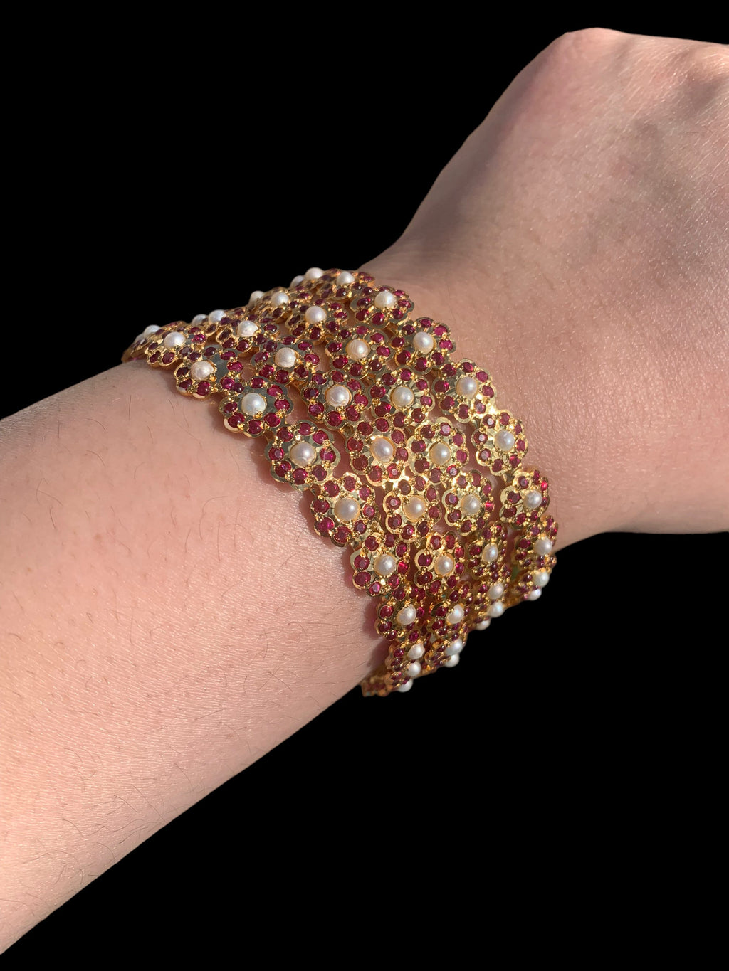 Ruby pearl gold plated silver bangles ( SHIPS IN 4 WEEKS )