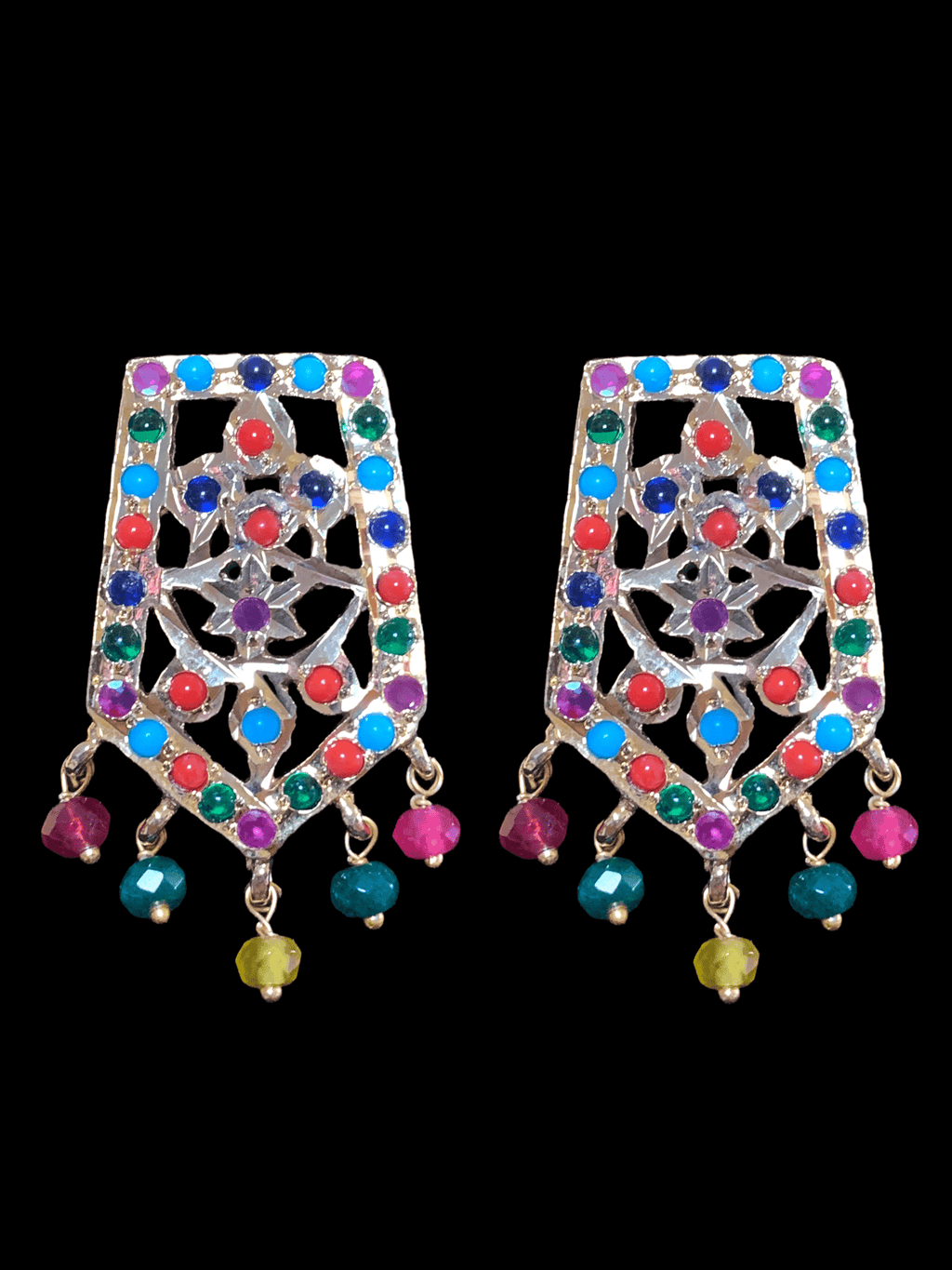 C88 Indu Hyderabadi Jadau choker with earrings In Navratan beads ( SHIPS IN 3 WEEKS )
