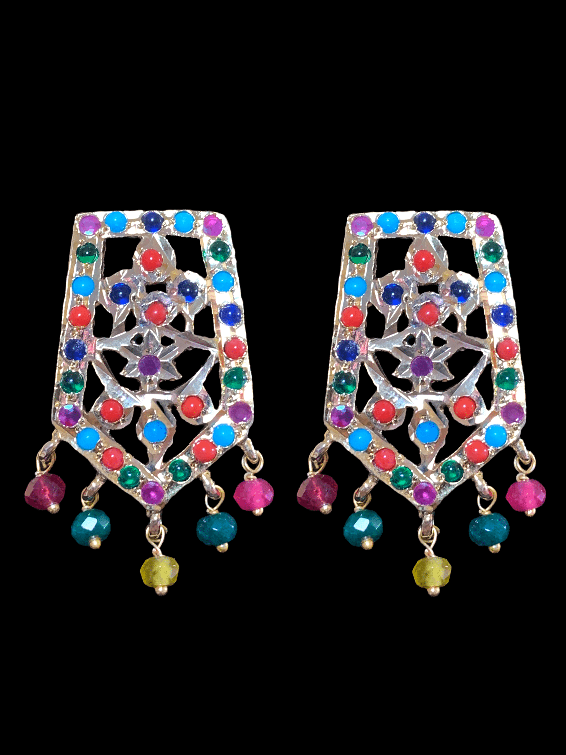 C88 Indu Hyderabadi Jadau choker with earrings In Navratan beads ( SHIPS IN 3 WEEKS )