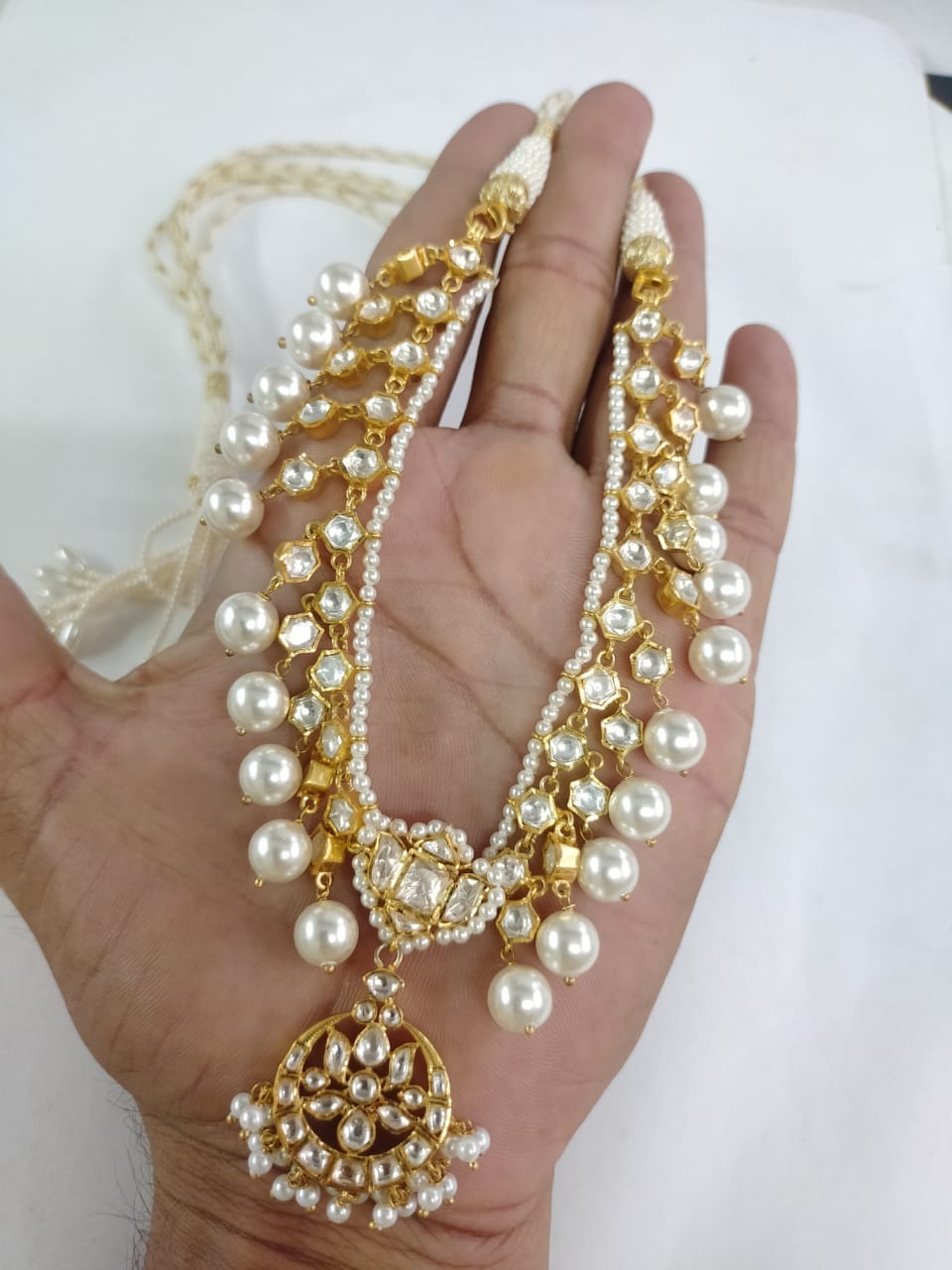 Gold plated silver moissanite and pearl necklace set ( SHIPS IN 4 WEEKS )