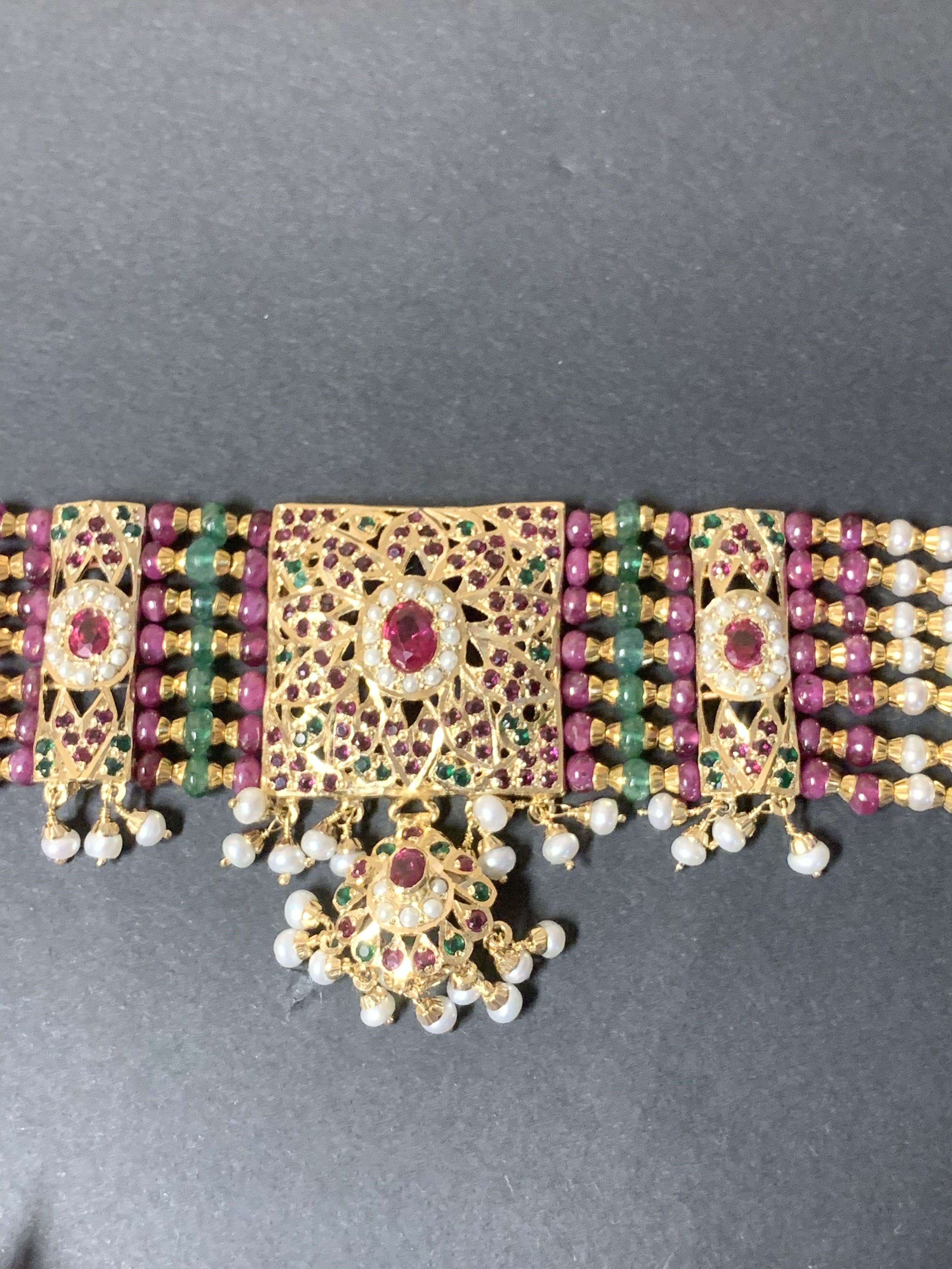 Ruby emerald jadau choker set in gold plated silver ( SHIPS IN 5 WEEKS )