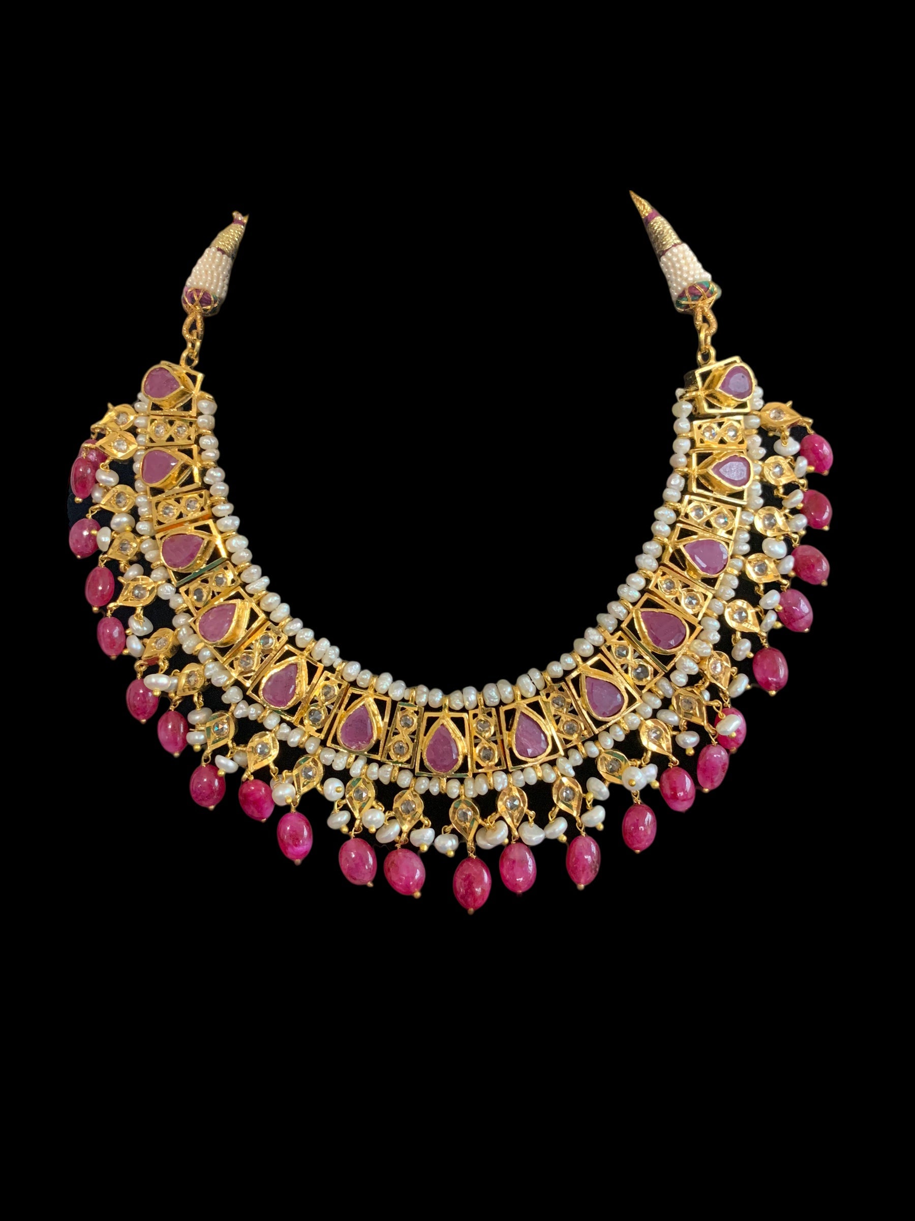 RAKIBA gold plated silver necklace set in ruby with fresh water pearls ( SHIPS IN 4 WEEKS )