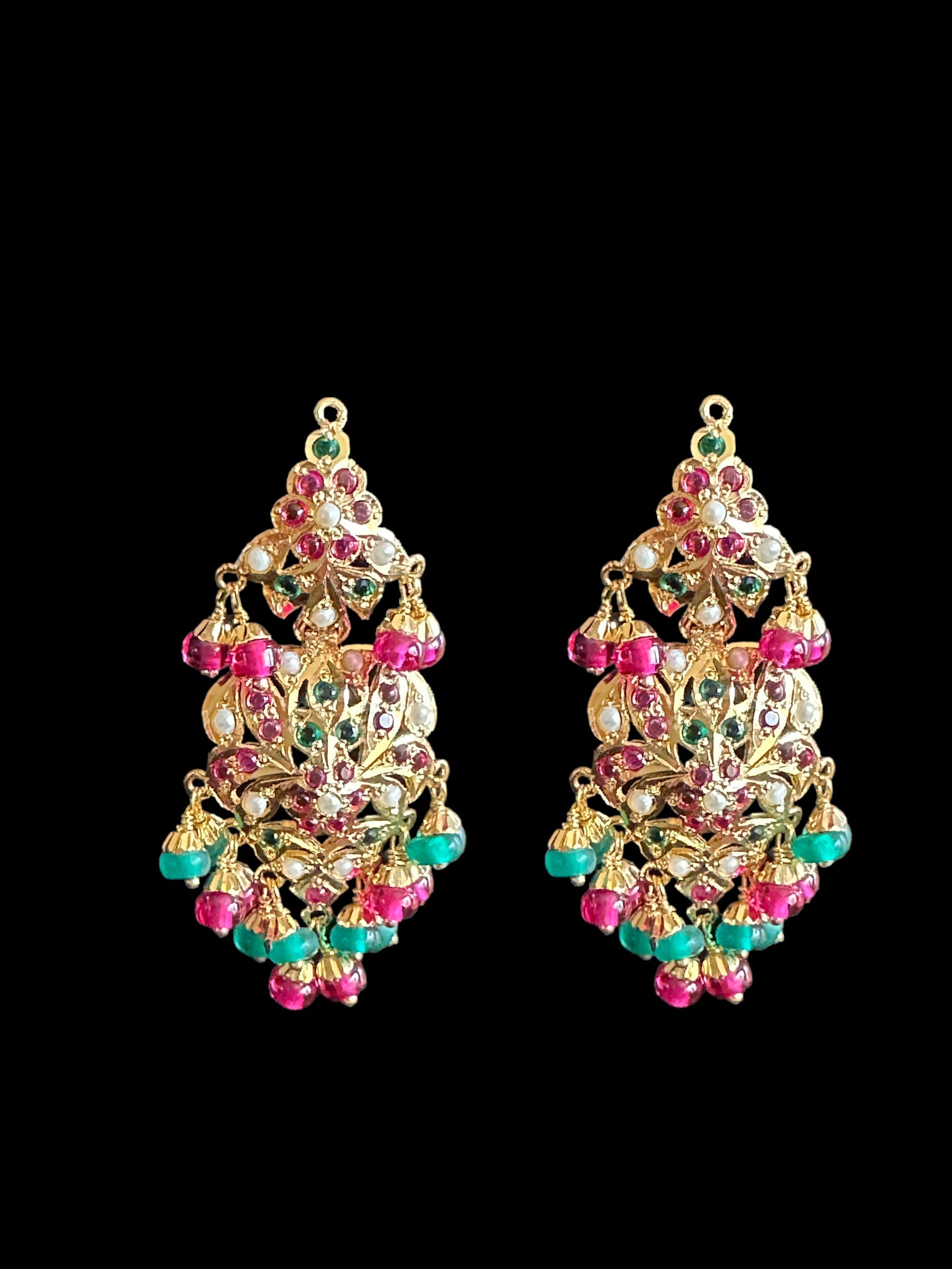 Ruby emerald pearl jadau necklace with earrings in gold plated silver ( READY TO SHIP)