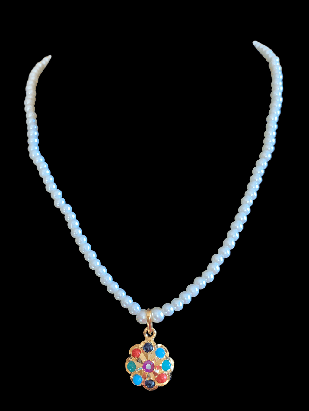 PS367 Sara hyderabadi flower pendant set in Navratan   (READY TO SHIP )