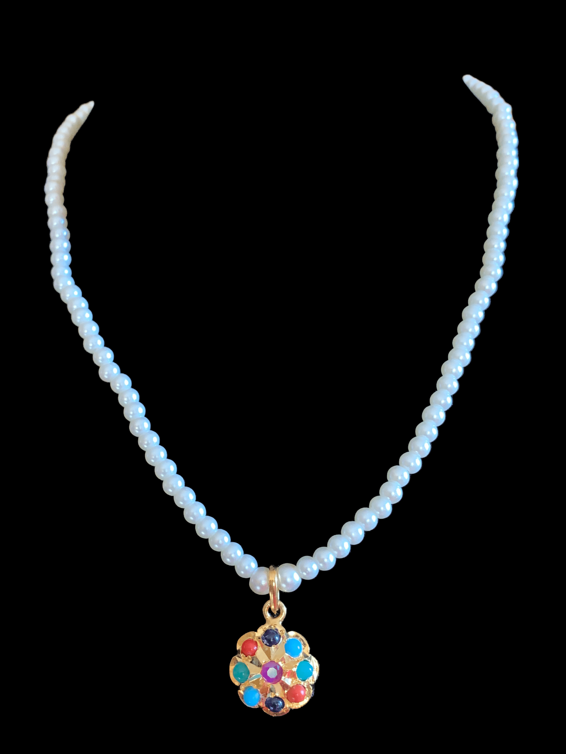 PS367 Sara hyderabadi flower pendant set in Navratan   (READY TO SHIP )