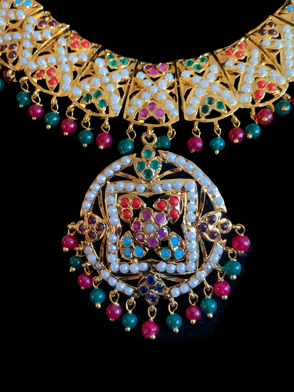 NS370 Ruchika  necklace set in navratan  ( READY TO SHIP )