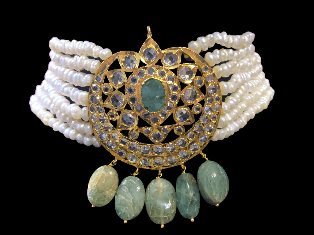 Hyderabadi fresh water pearls with emerald choker in gold plated silver ( SHIPS IN 5 WEEKS )
