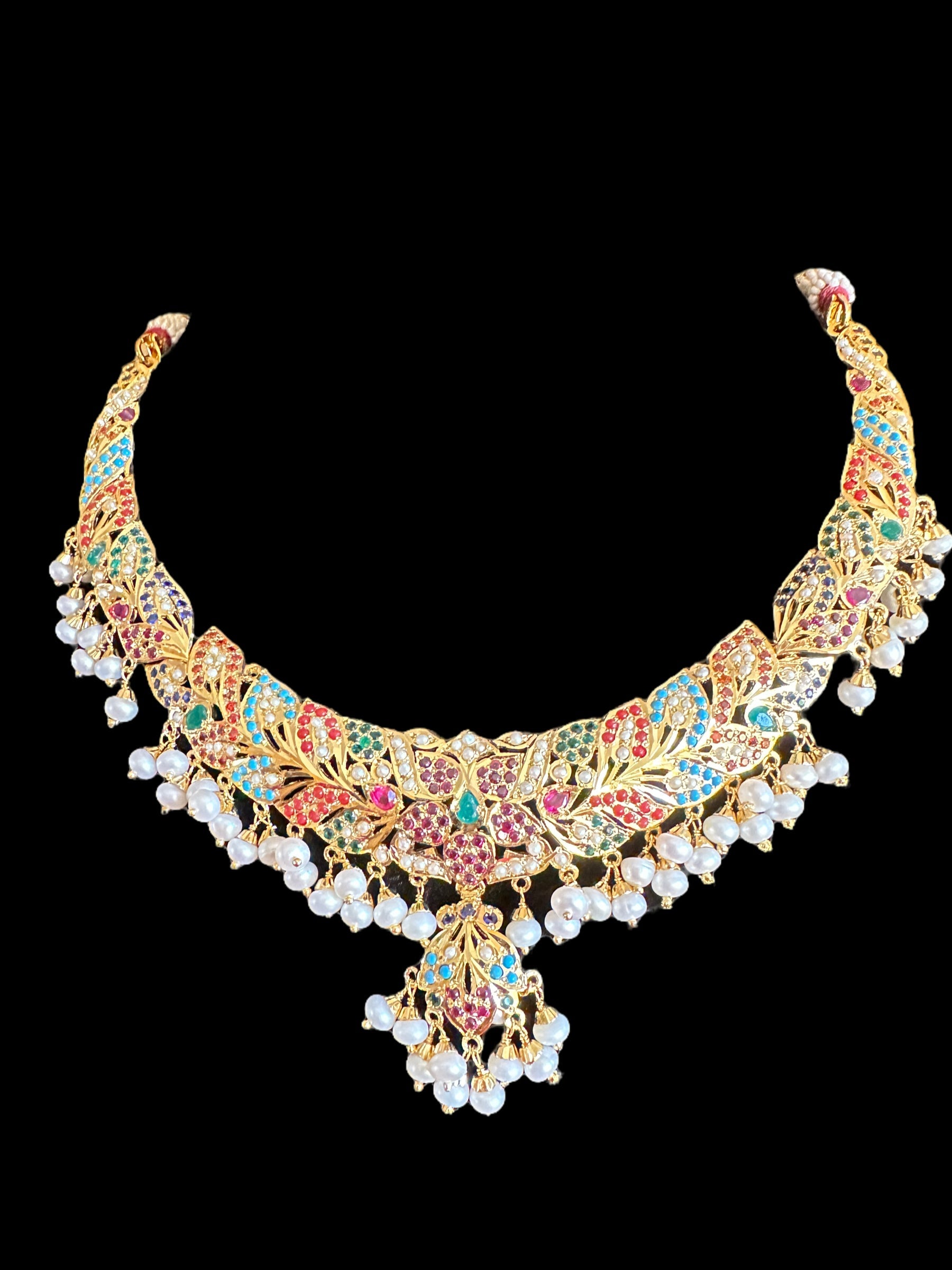 Navratan necklace  set with fresh water pearls in gold plated silver ( READY TO SHIP )