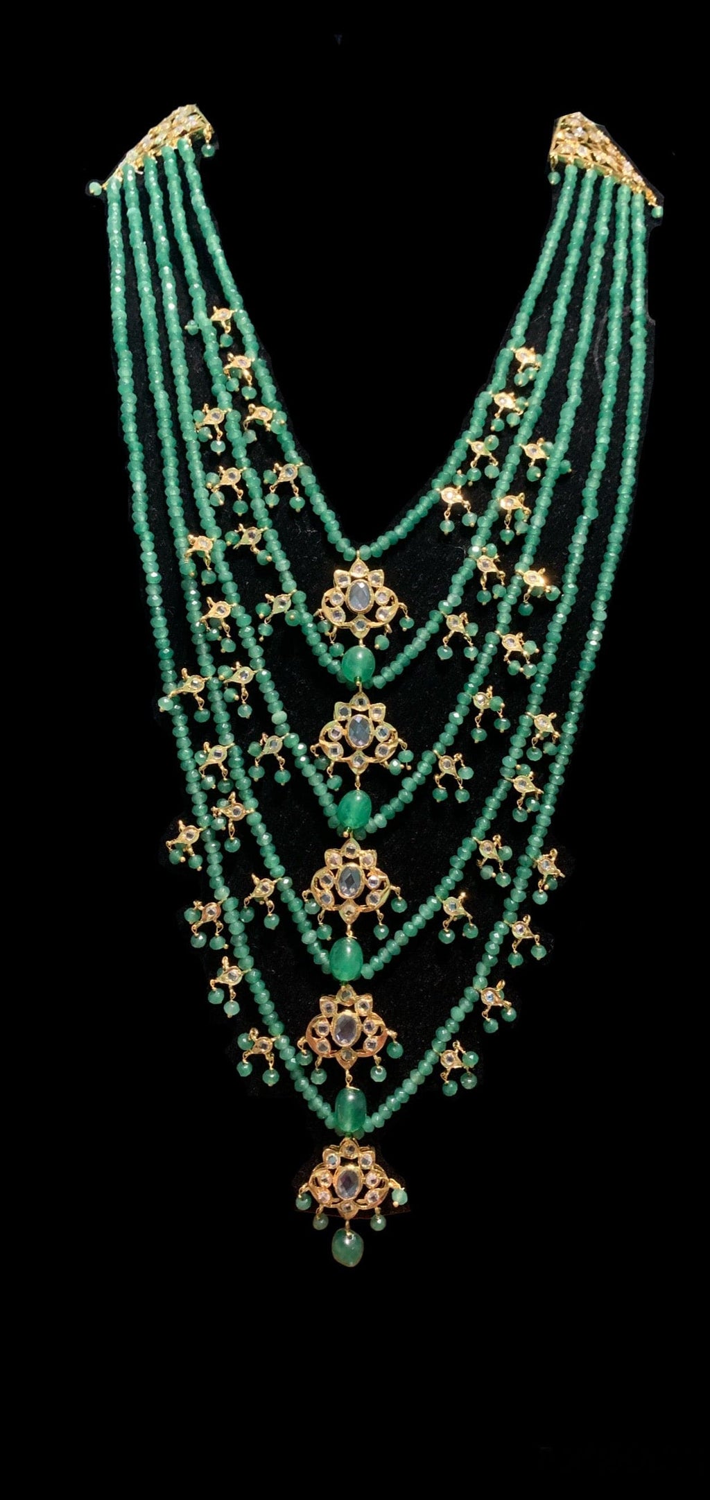 SAT34 Five layer hyderabadi necklace with earrings in green ( READY TO SHIP)