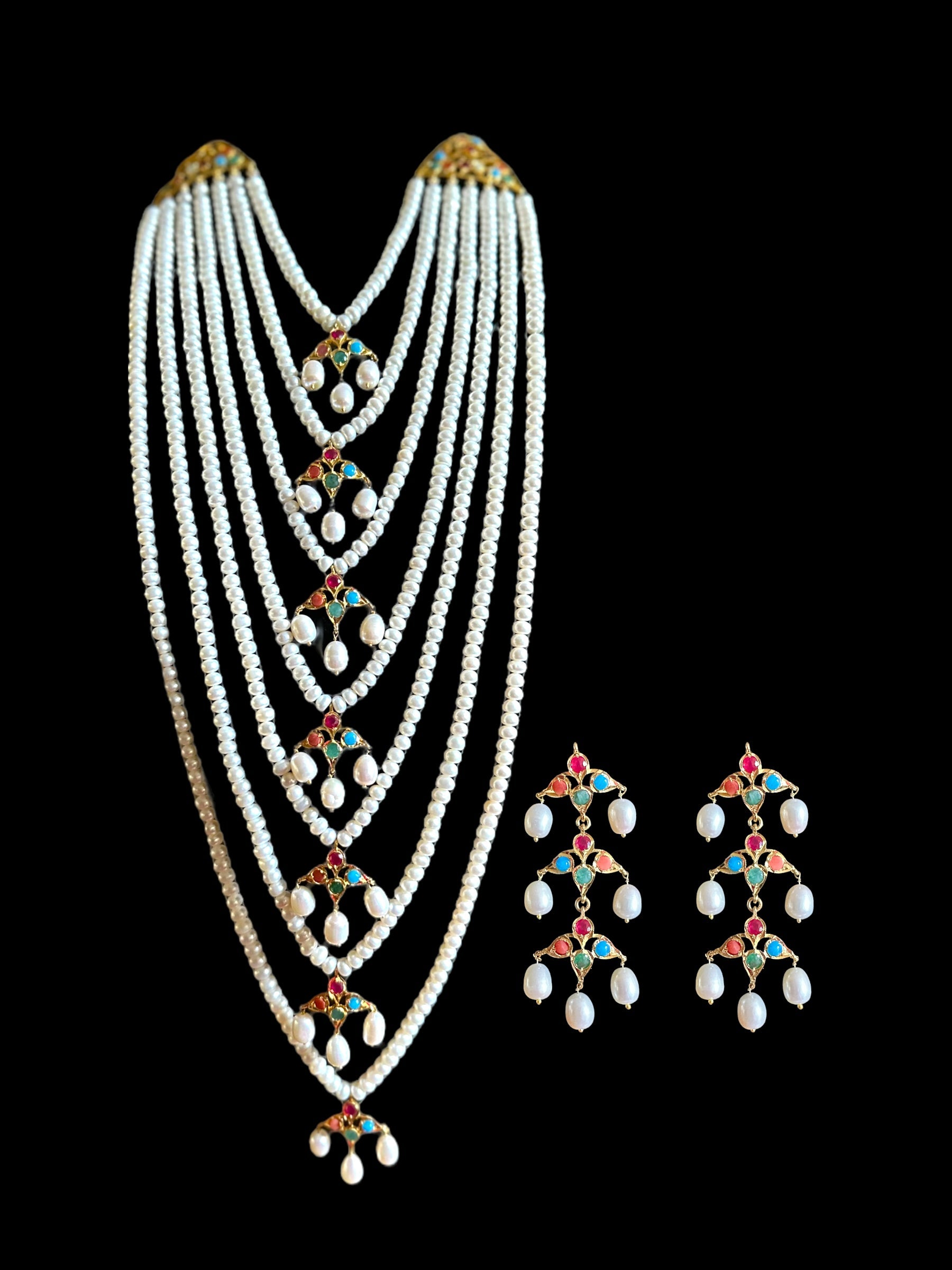 Hyderabadi Navratan satlada in gold plated silver with fresh water pearls (SHIPS IN 5 WEEKS  )