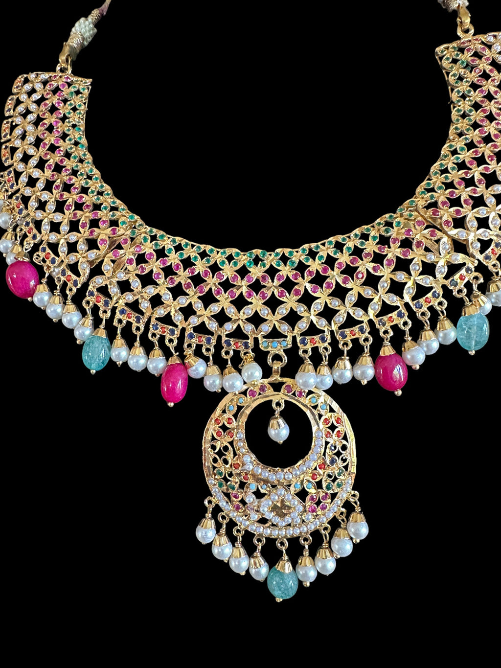 NS517 multicolor jadau  necklace with earrings tika ( READY TO SHIP )