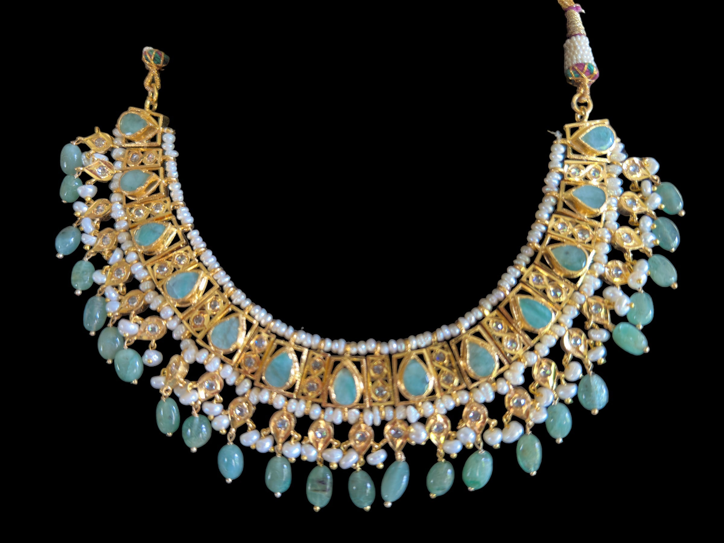 RAKIBA gold plated silver necklace set in emerald  with fresh water pearls ( SHIPS IN 5 WEEKS )