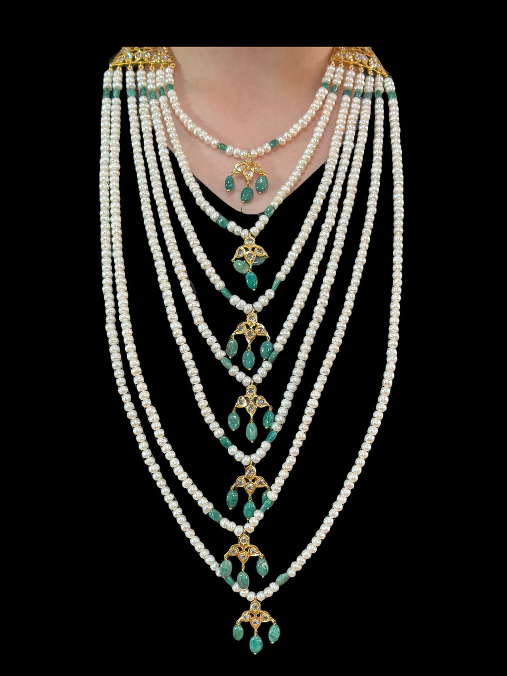 SAT77 Hyderabadi satlada in emerald beads and fresh water pearls ( SHIPS IN 2 WEEKS )