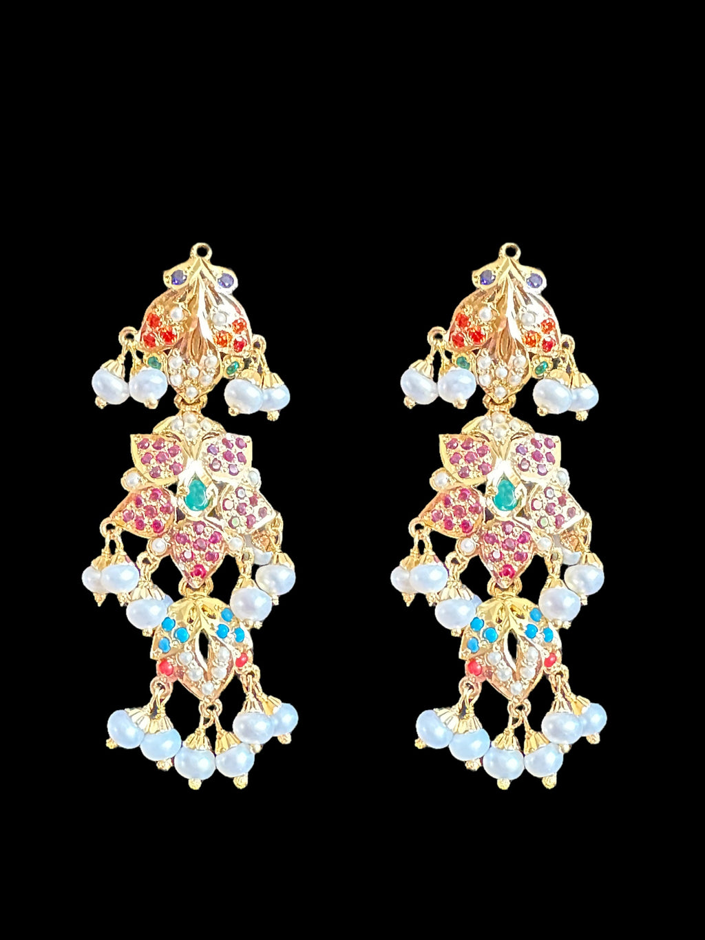 Navratan necklace  set with fresh water pearls in gold plated silver ( READY TO SHIP )