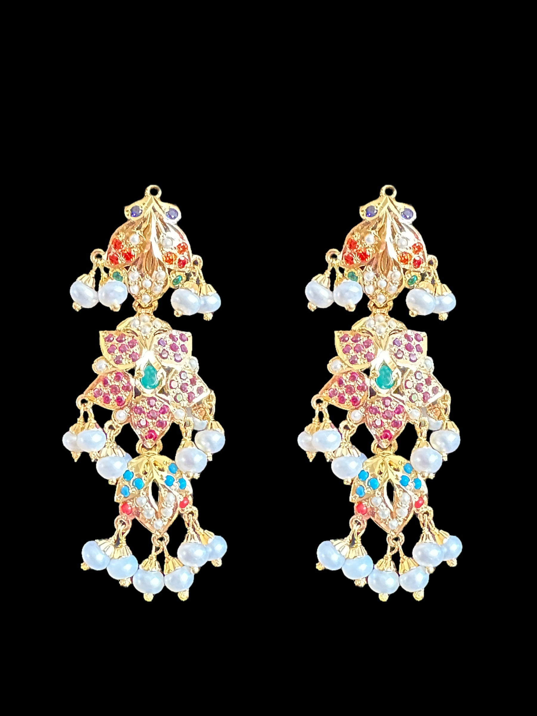 Navratan necklace  set with fresh water pearls in gold plated silver ( READY TO SHIP )