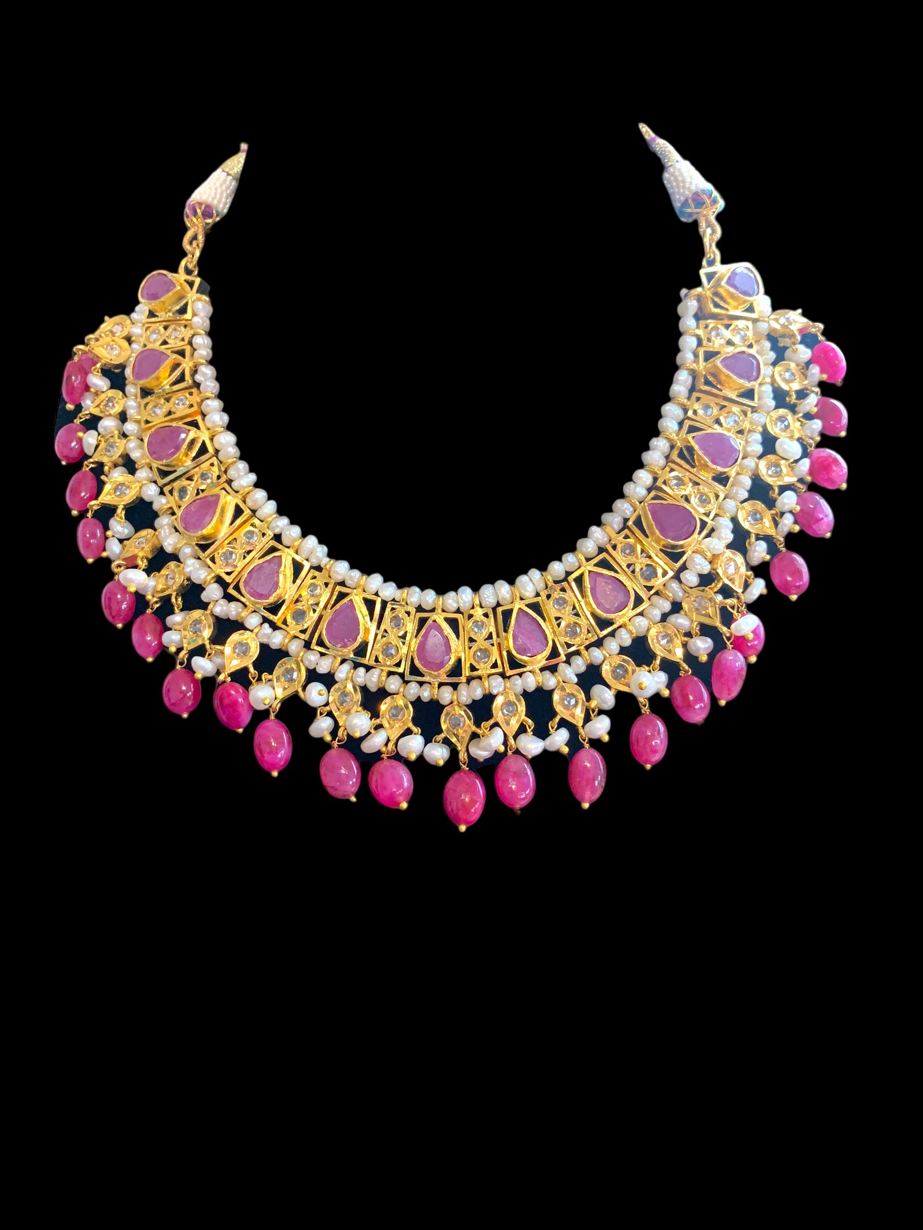 RAKIBA gold plated silver necklace set in ruby with fresh water pearls ( SHIPS IN 4 WEEKS )