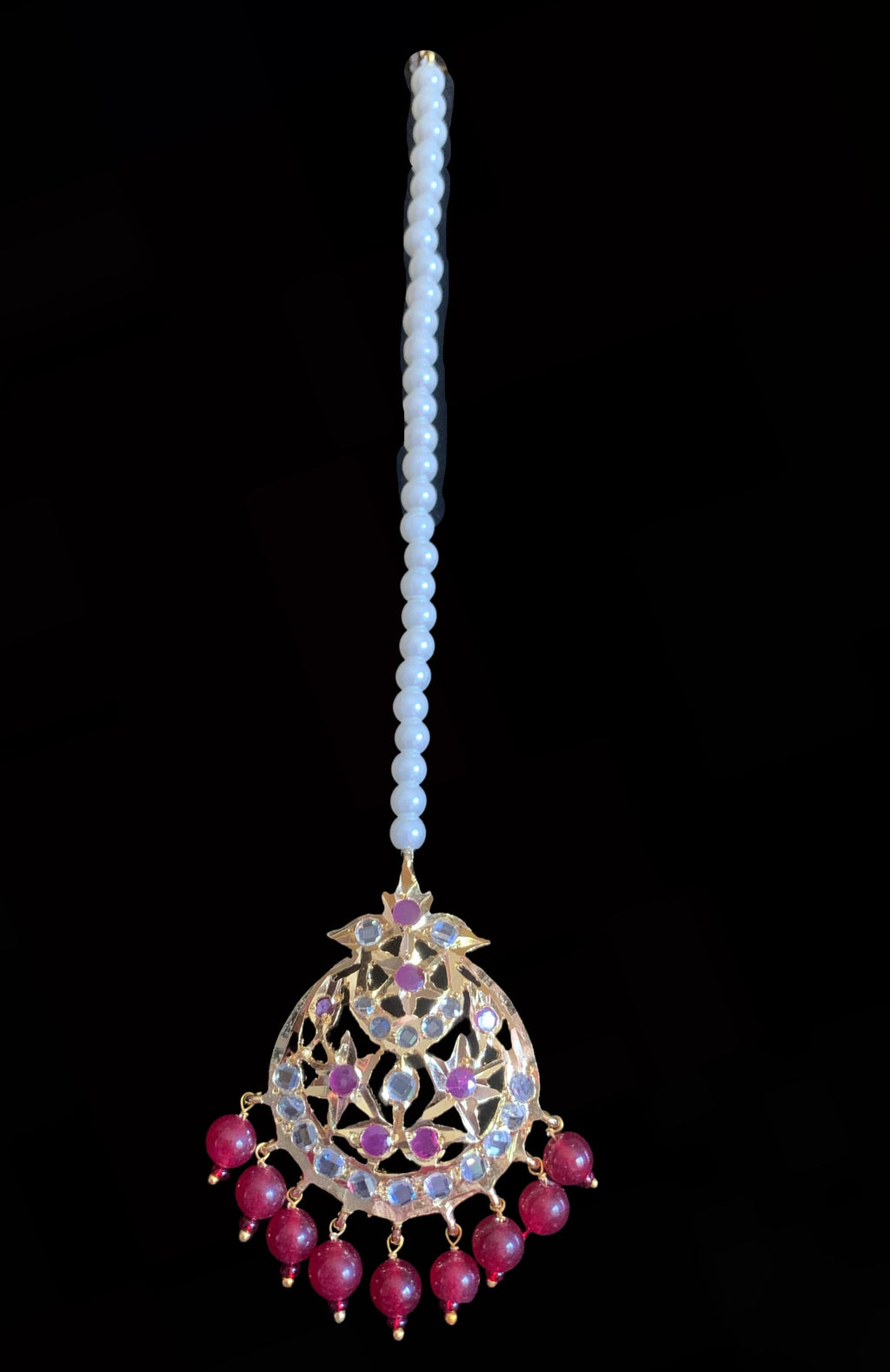 Tooba ruby three layered pearl necklace with earrings and Tika (SHIPS IN 4 WEEKS )