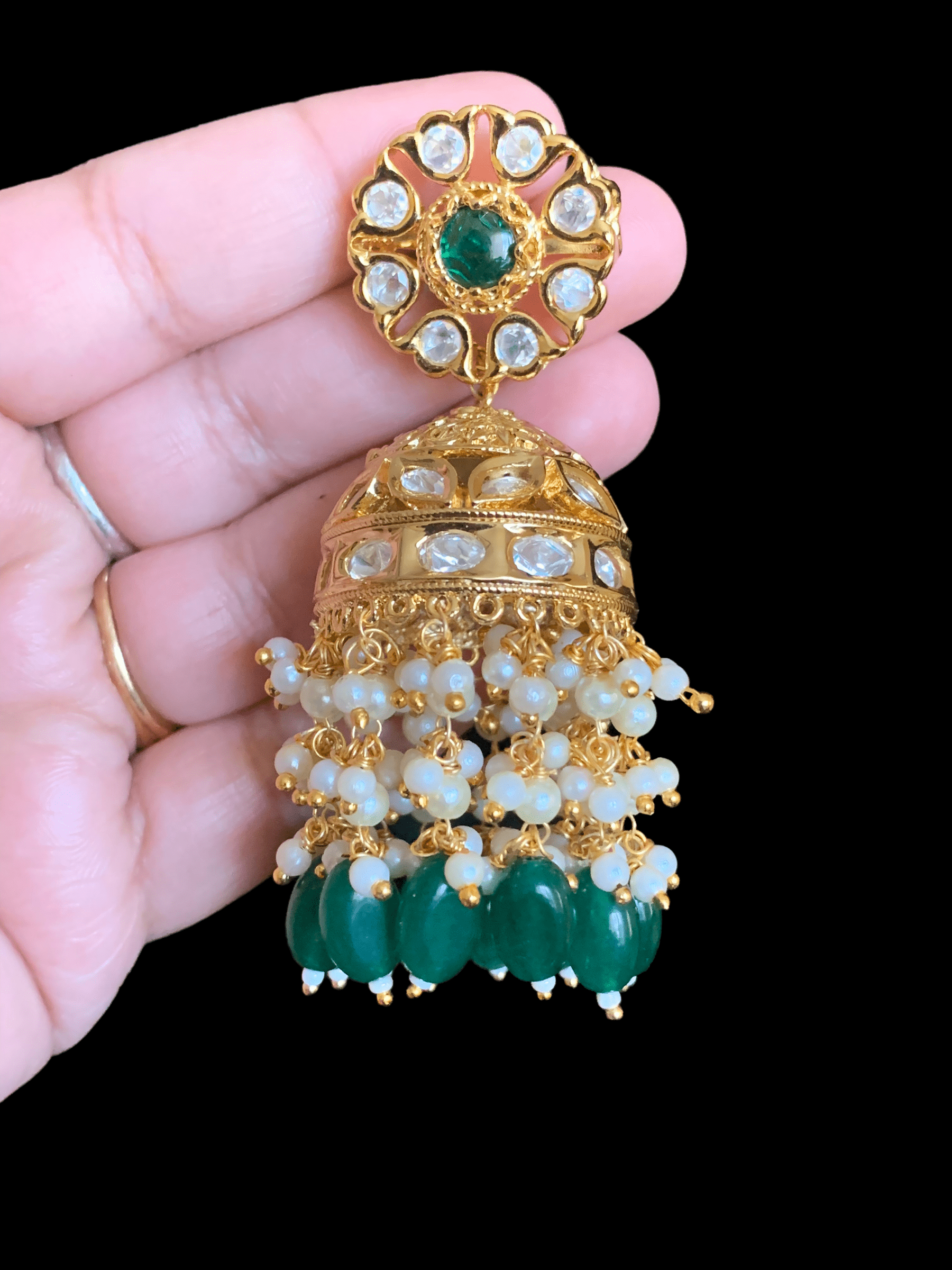 DER338 Shefa polki jhumka - Green  ( READY TO SHIP )