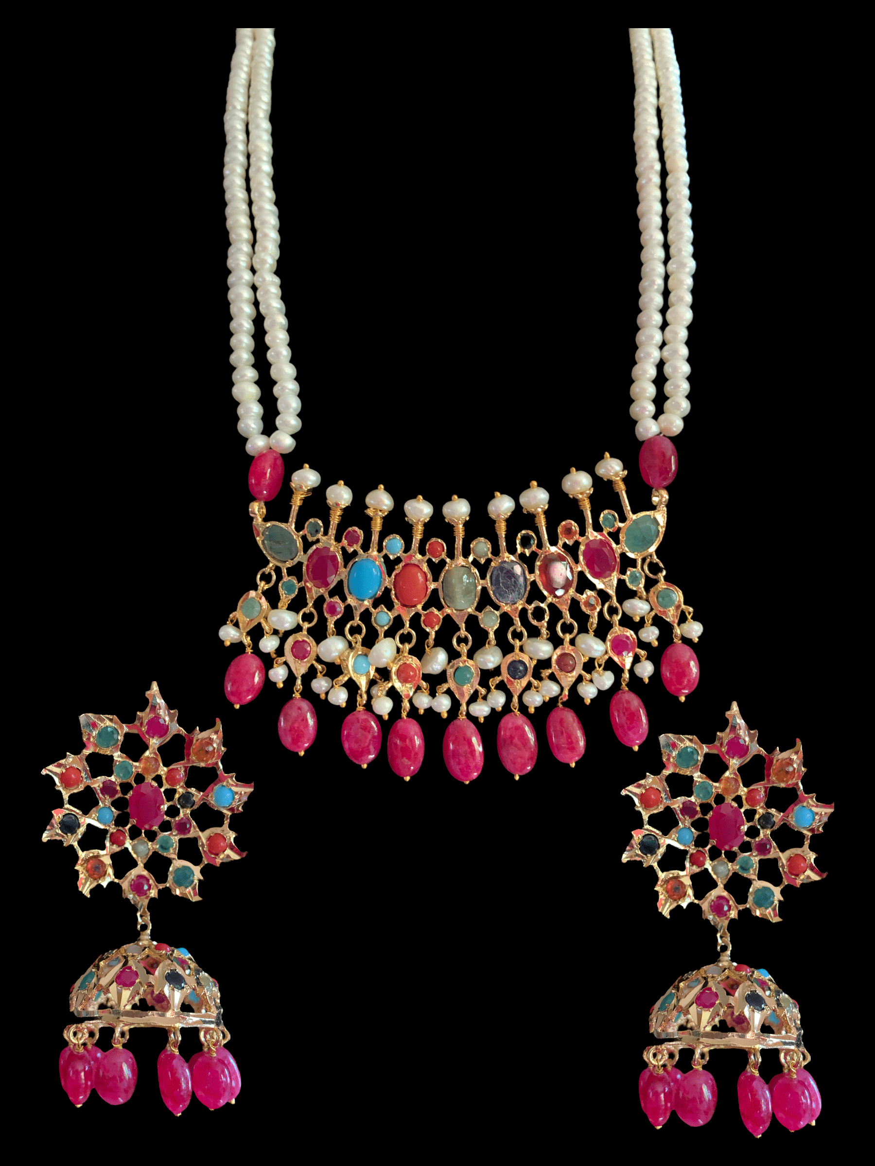 PS510 Navratan Tirmani Necklace with Oversized Jhumka Earrings – Gold-Plated Jewelry with Freshwater Pearls and Real Ruby Beads  ( READY TO SHIP )
