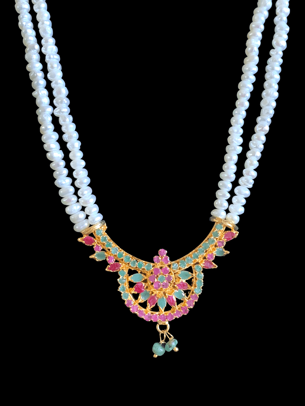 LN128 Ruby emerald long  necklace  set in fresh water pearls ( READY TO SHIP )