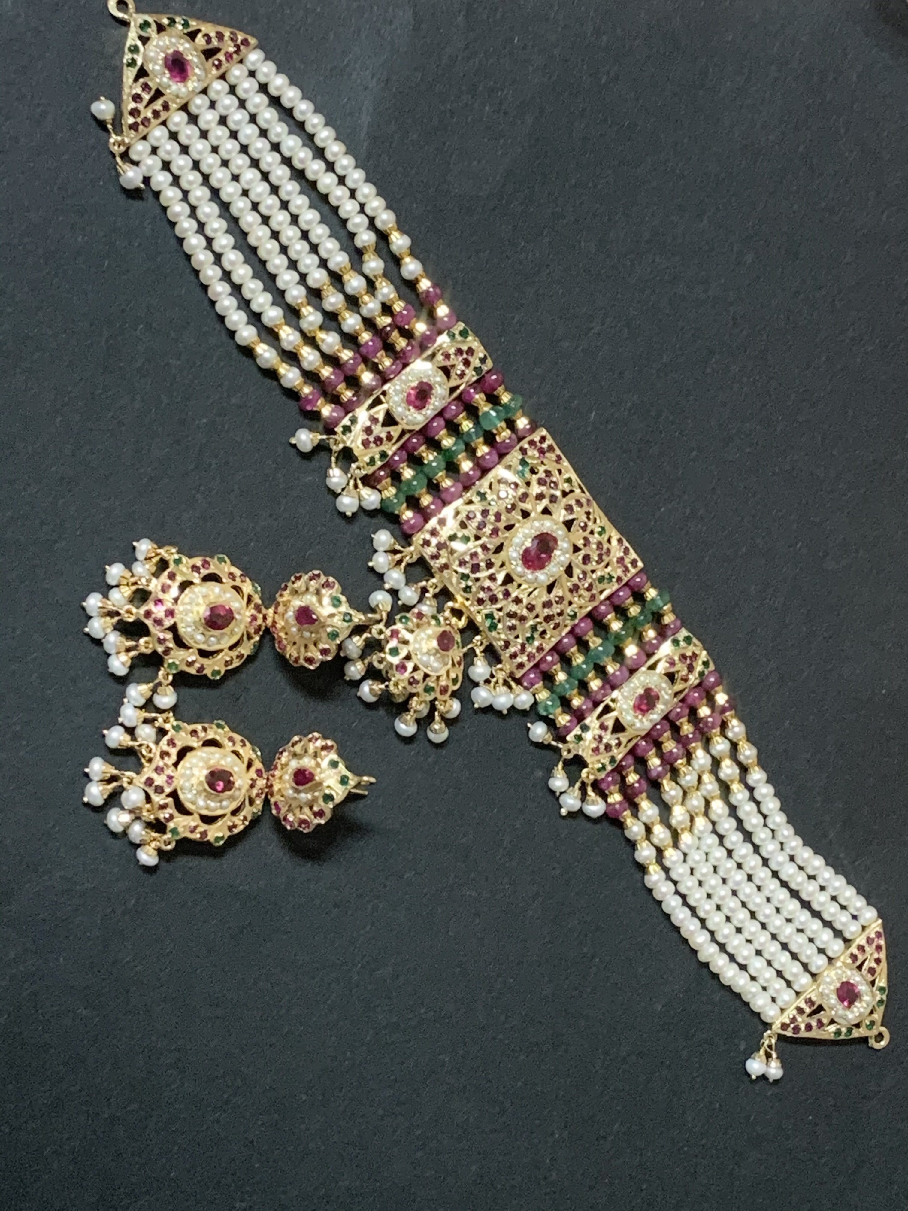 Ruby emerald jadau choker set in gold plated silver ( SHIPS IN 5 WEEKS )