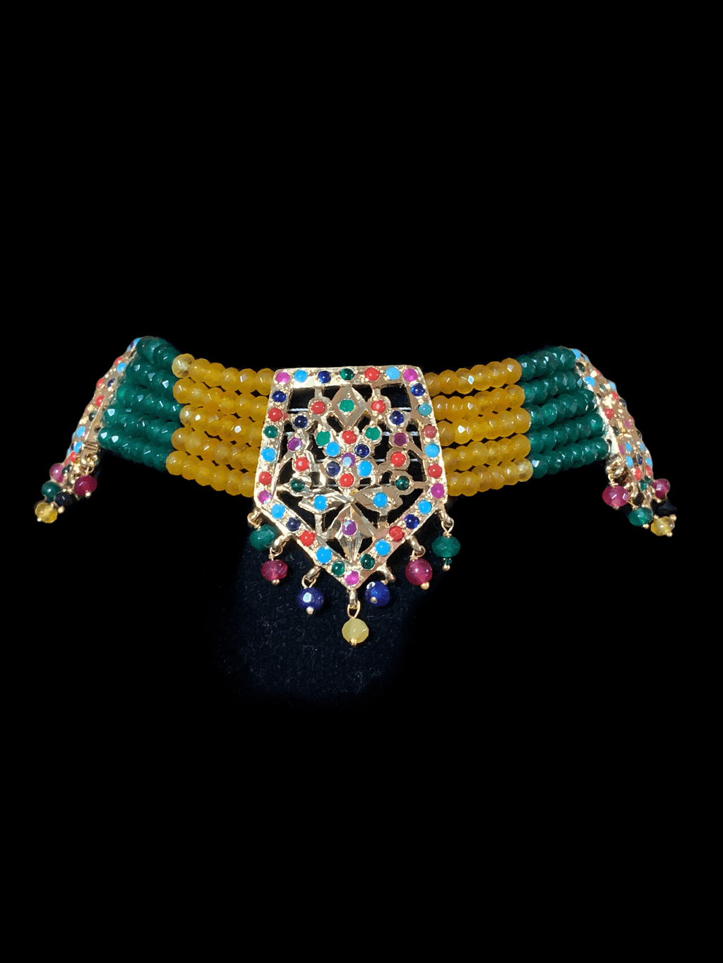 C88 Indu Hyderabadi Jadau choker with earrings In Navratan beads ( SHIPS IN 3 WEEKS )