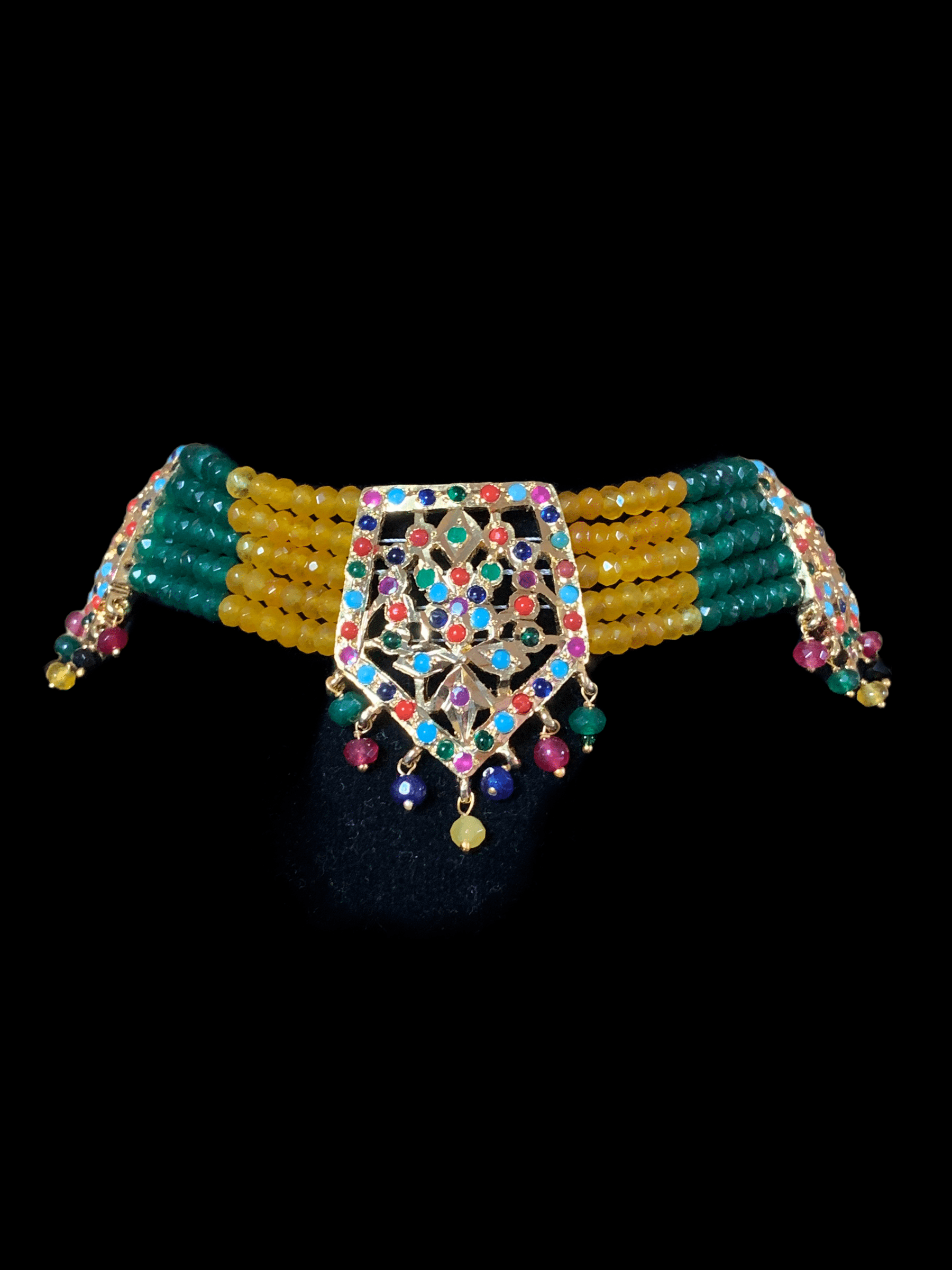 C88 Indu Hyderabadi Jadau choker with earrings In Navratan beads ( SHIPS IN 3 WEEKS )