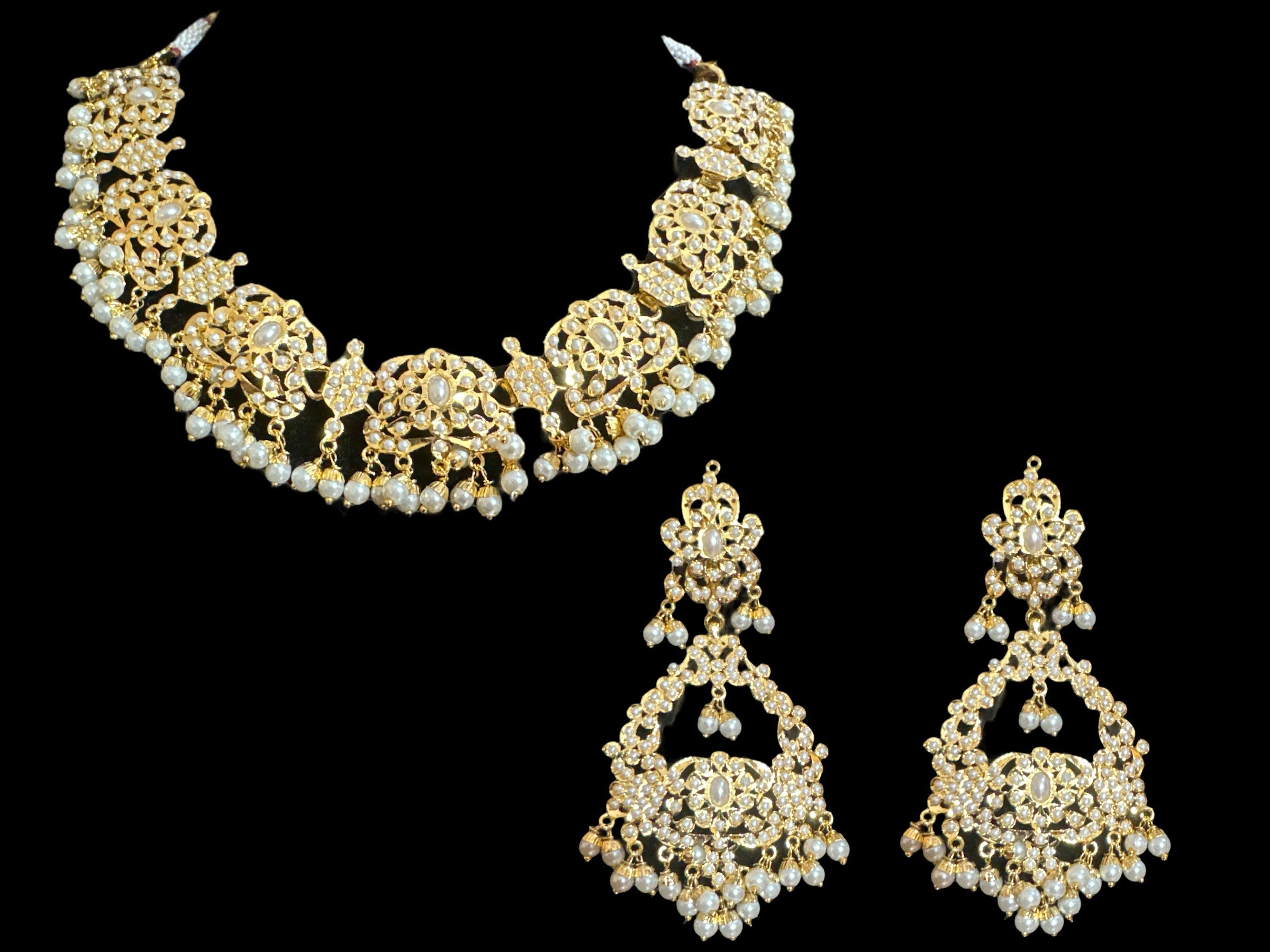 DNS14 Niyati pearl jadau necklace with earrings tika ( READY TO SHIP )