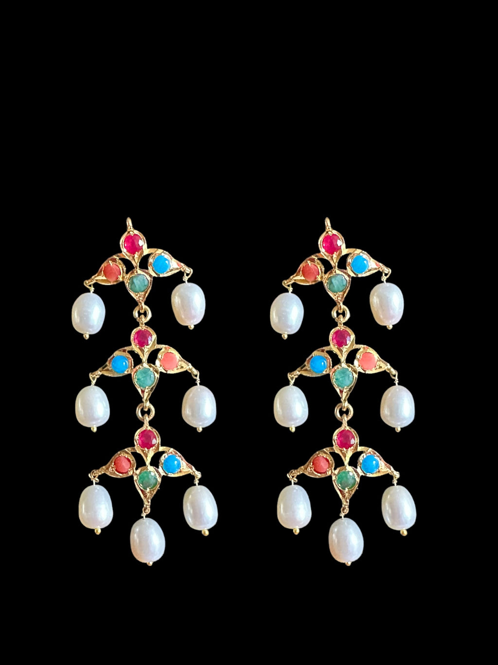 Hyderabadi Navratan satlada in gold plated silver with fresh water pearls (SHIPS IN 5 WEEKS  )